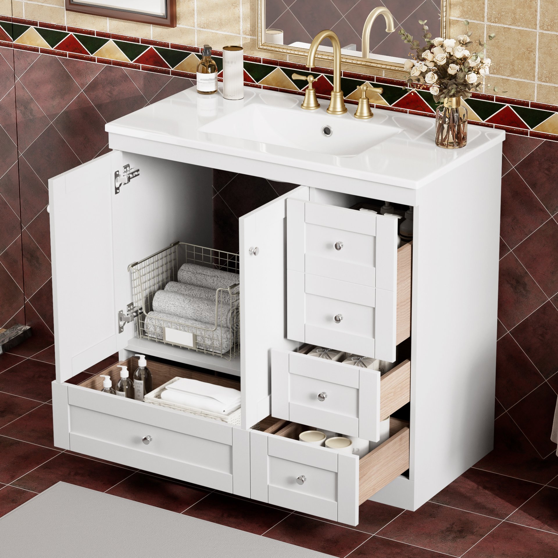 Shaker Free Standing Bathroom Vanity Cabinet With Sink, Soft Close Drawers And Doors - White - Image 2