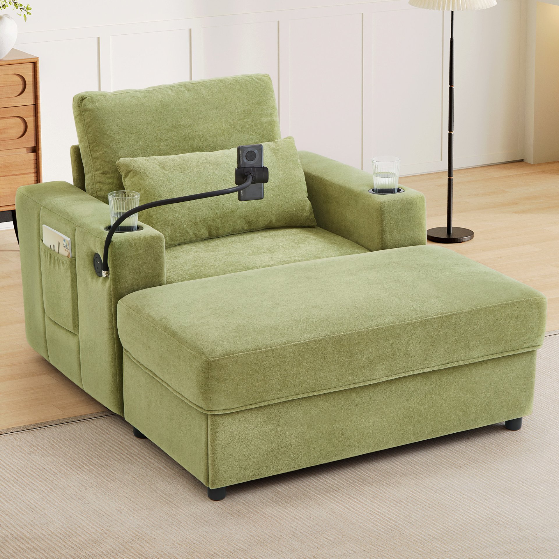 Modern Style Armchair Chaise Lounge Sofa Couch With Movable Storage Ottoman, USB Ports, Cup Holders, Phone Holder, Side Pockets - Green - Image 3