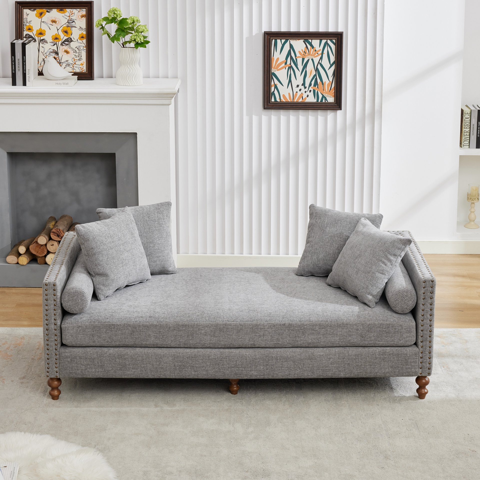 Chenille Upholstered Chaise Lounge With Nailheads And Rubberwood Legs, Wide Sleeper Sofa With 4 Throw Pillows & 2 Bolsters - Gray - Image 5