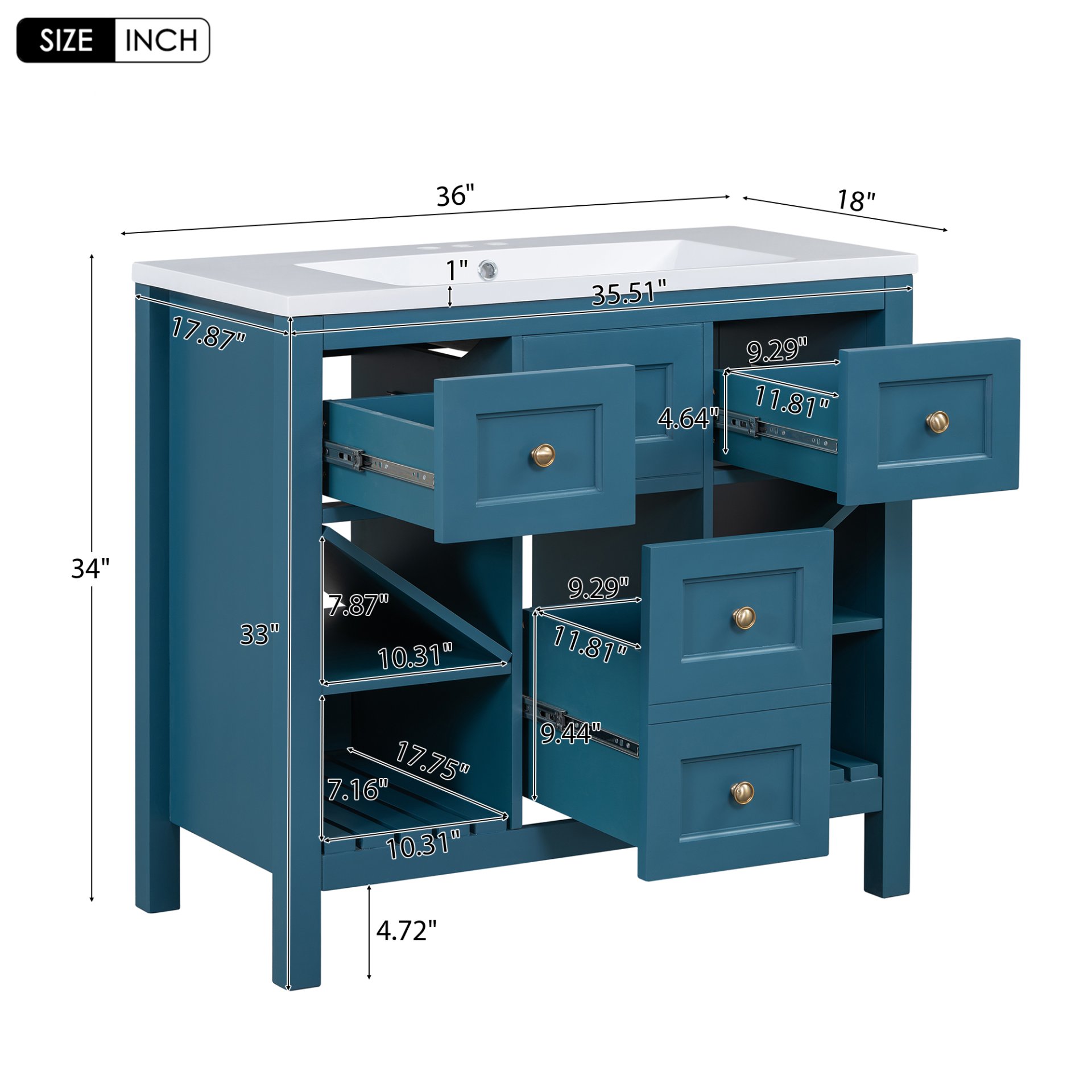 Bathroom Vanity With Resin Sink Combo, Frame Bathroom Storage Cabinet, Freestanding Vanity Set, 5 Drawers & Soft Closing Doors - Blue - Image 8