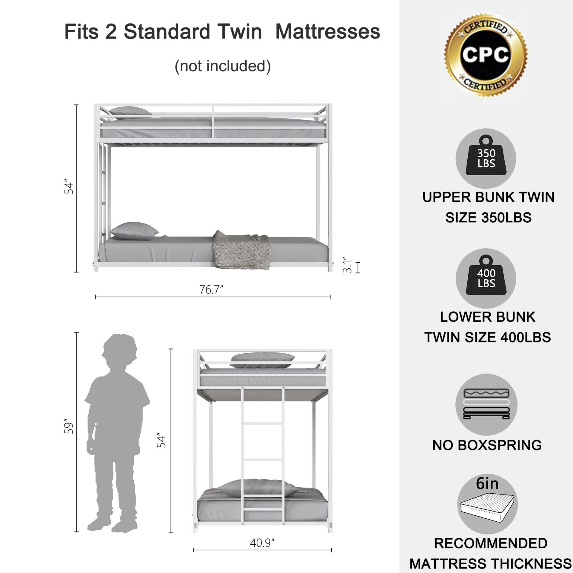 Adam - Twin Over Twin Metal Bunk Bed - White - Image 17