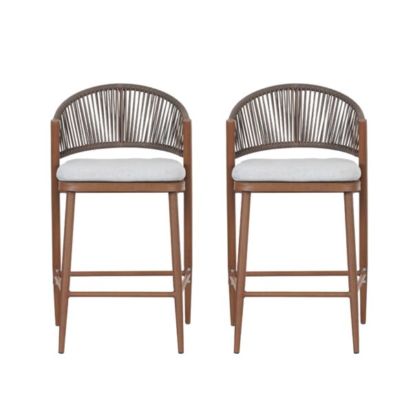 Outdoor Counter Height Aluminum Frame Counter Stools With Scallop Shaped Backrest & Water Resistant Cushions (Set of 2) - Teak