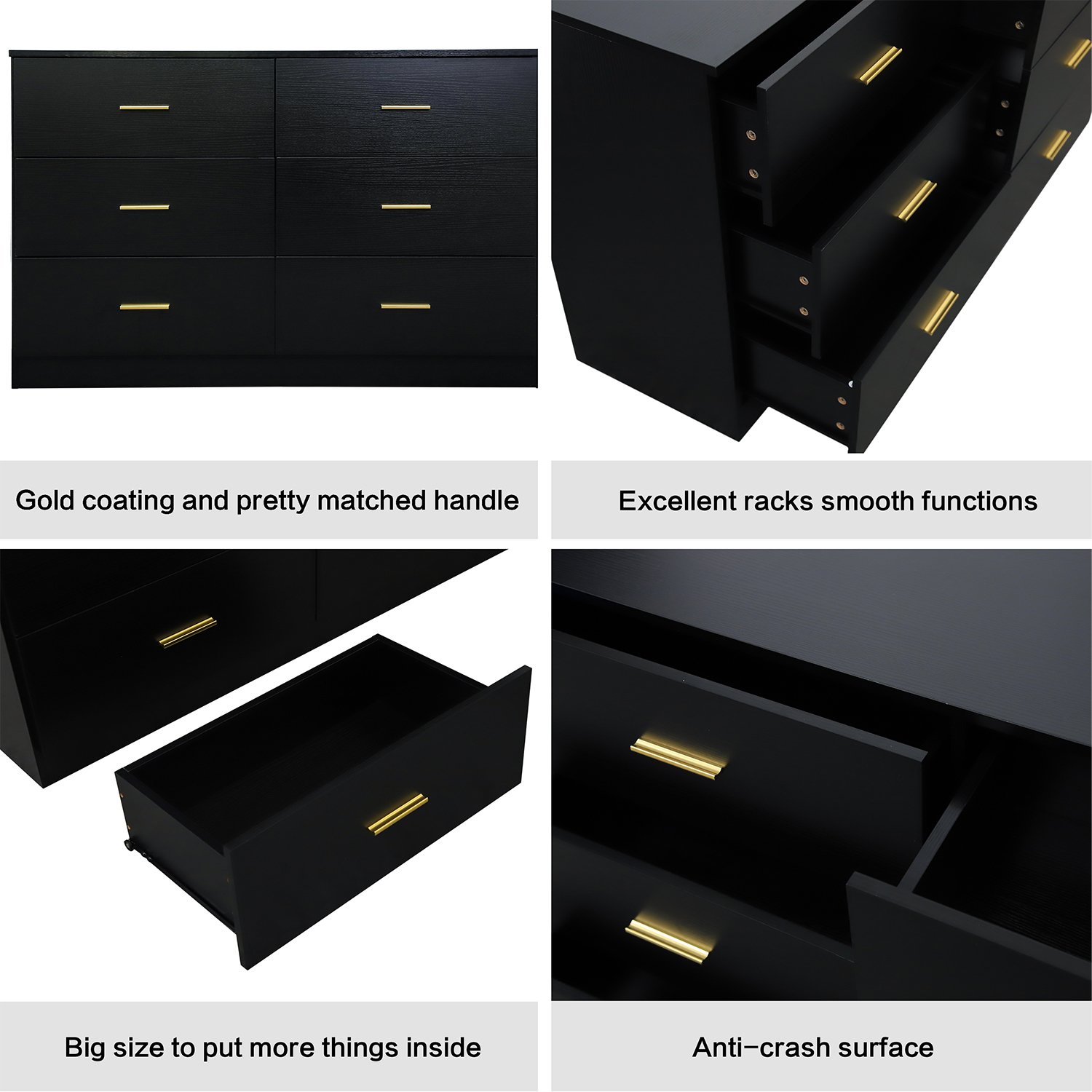 Modern 6 Drawer Dresser For Bedroom, Ample Storage Wide Chest Of Drawers, Sturdy & Safe - Black - Image 6