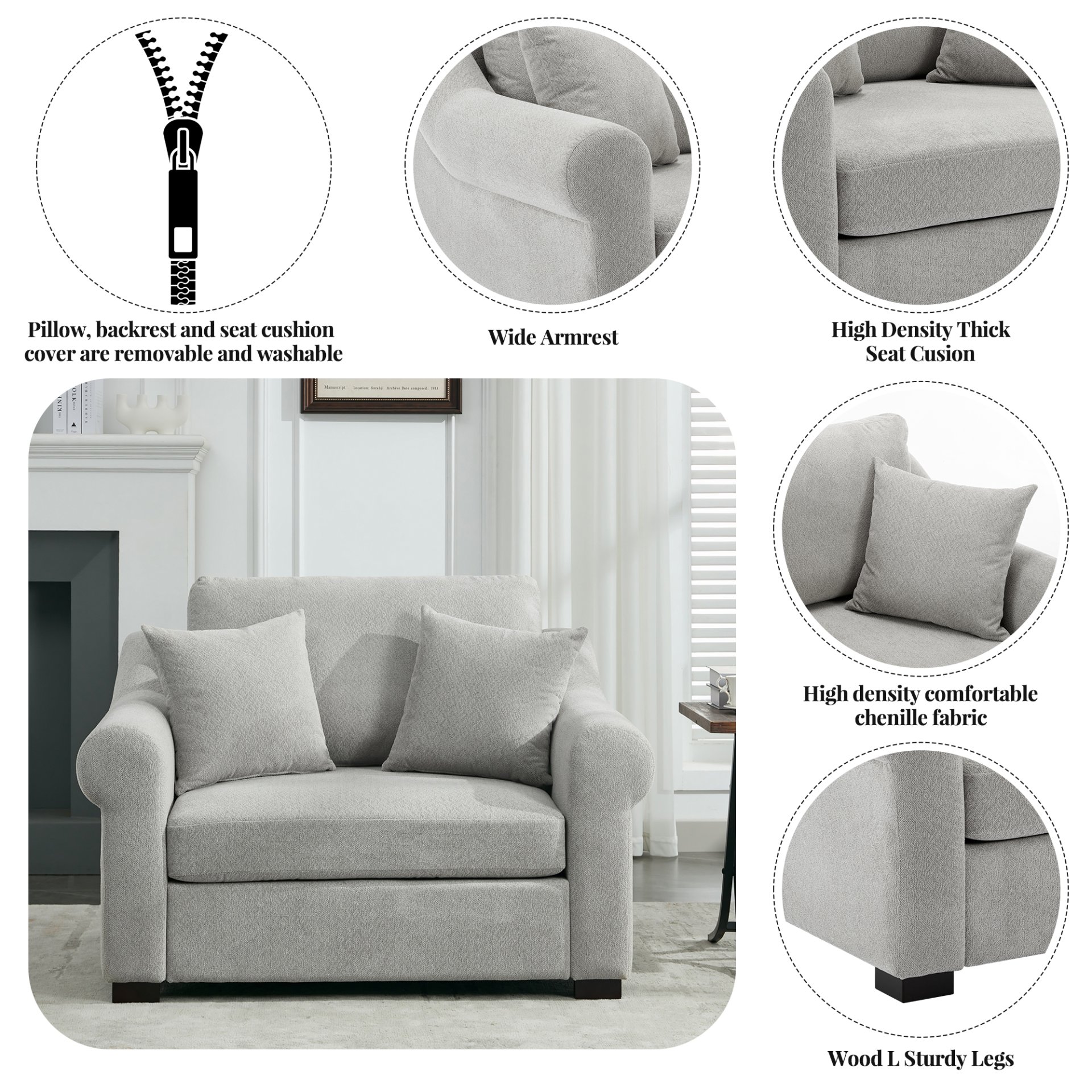 Modern Chenille Oversized Armchair, Chair And A Half, Single Sofa For Bedroom, Living Room, Wide - Light Gray - Image 6