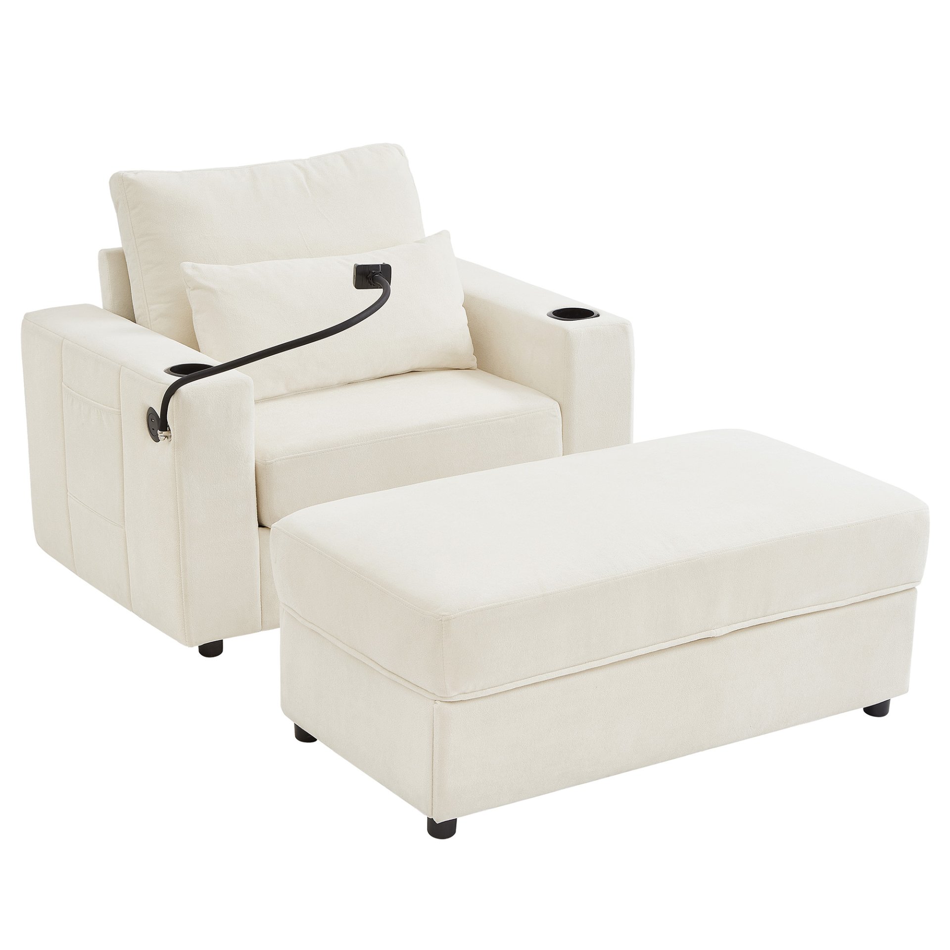 Modern Style Armchair Chaise Lounge Sofa Couch With Movable Storage Ottoman, USB Ports, Cup Holders, Phone Holder Chenille - Beige - Image 16