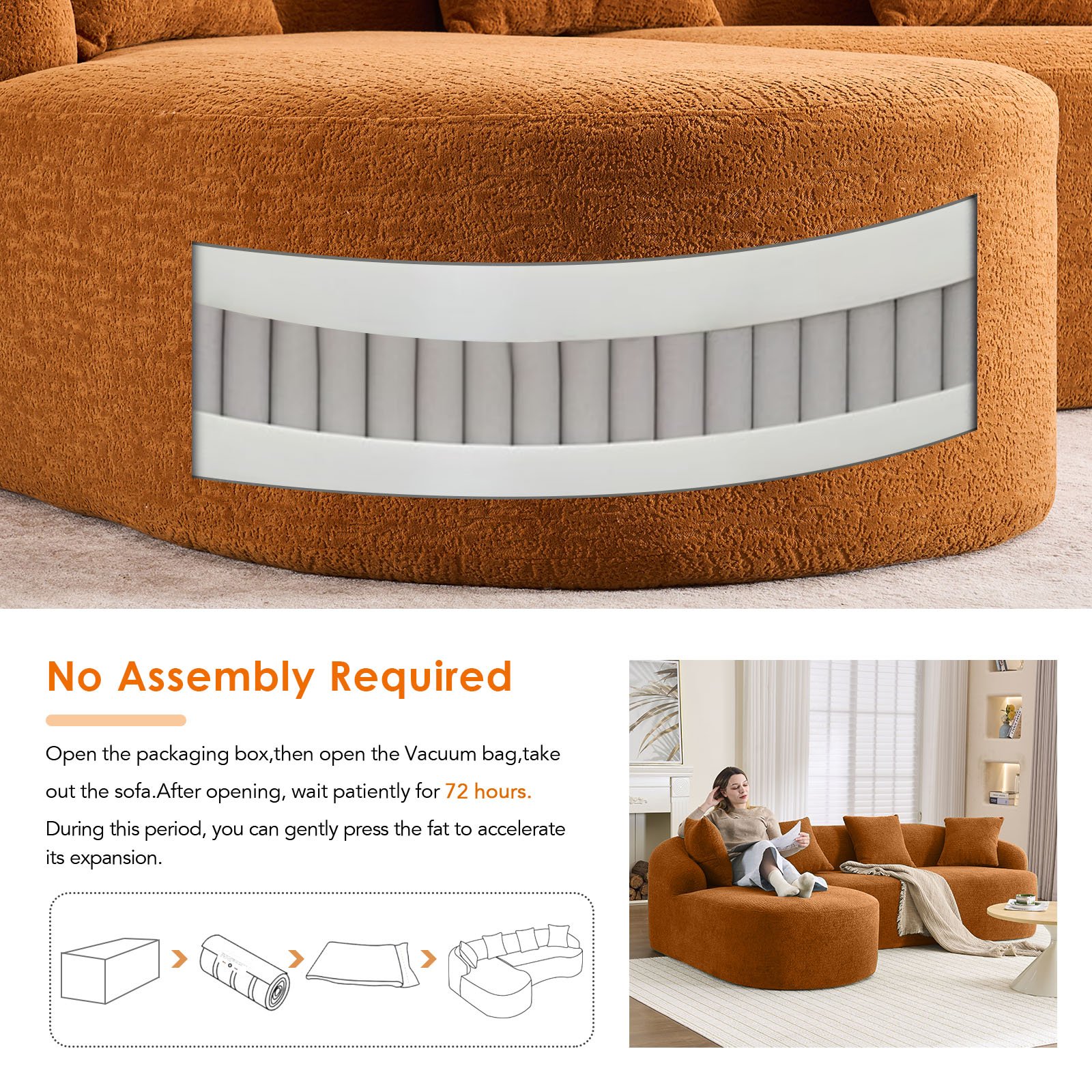 Compression Sofa: Combining Chaise Longue With 3 Seater, Wood Grain Chenille Fabric, Full Sponge Compression Sofa, Combined Sofa With 4 Pillows For Living / Home Furniture / Apartment - Orange - Image 29