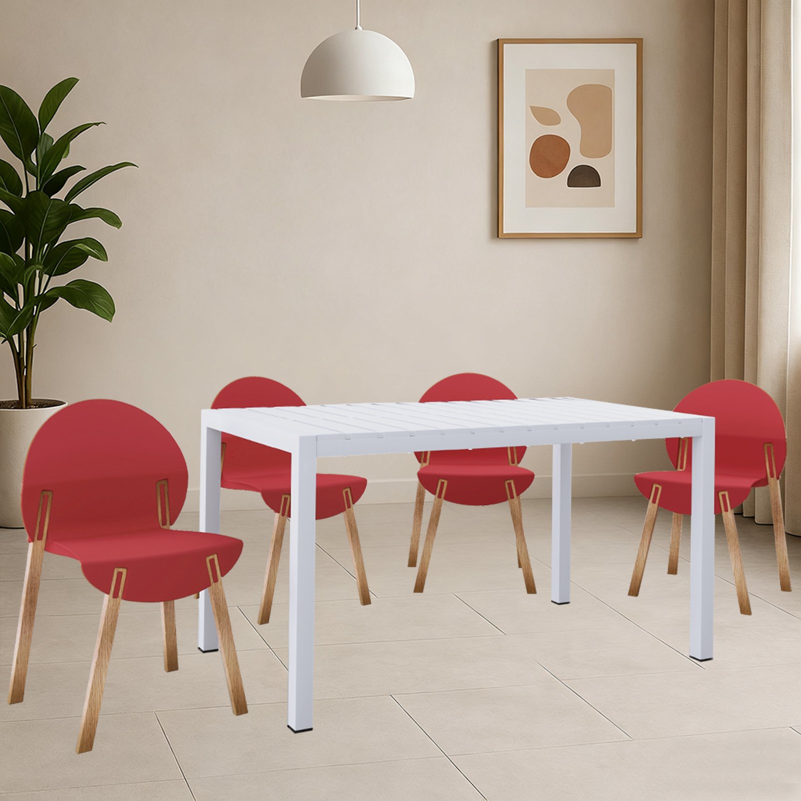 4 Piece Set Of Single Chairs With Table - Crimson Red / White - Image 14