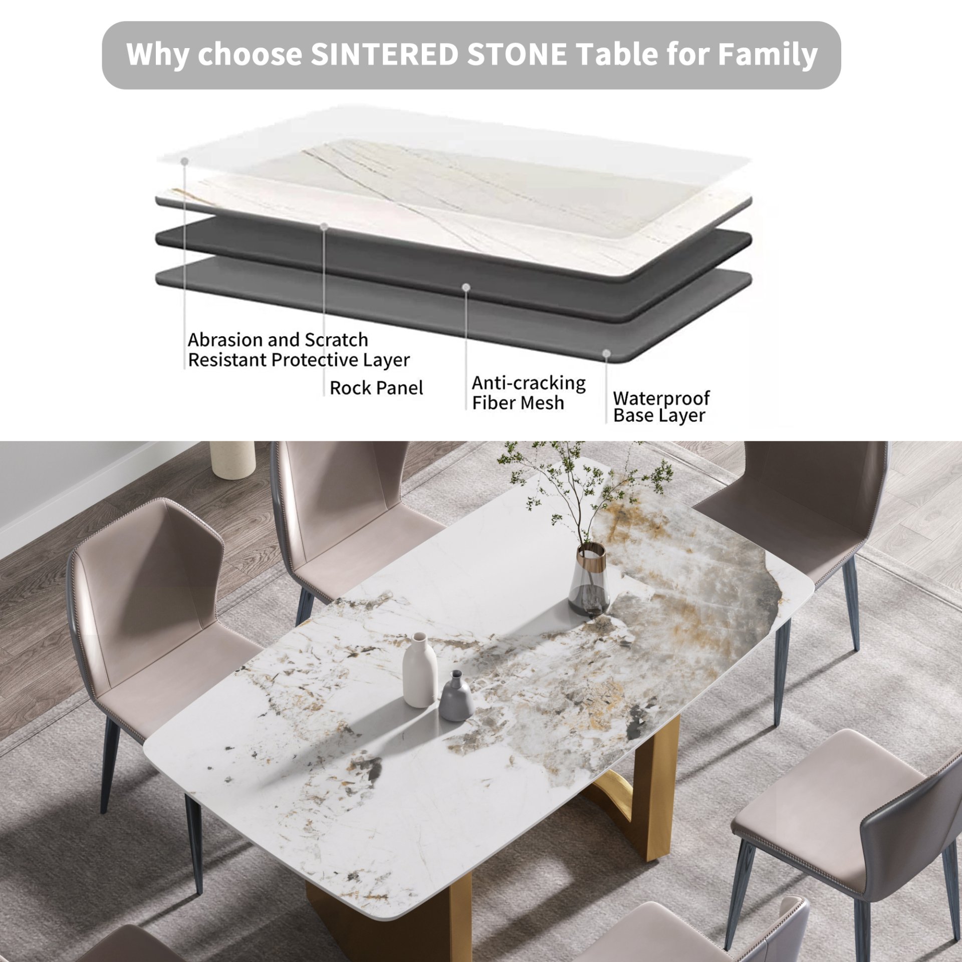 63" Artificial Stone Pandora White Curved Golden Metal Leg Dining Table, 6 People - Antique White / Gold - Image 10