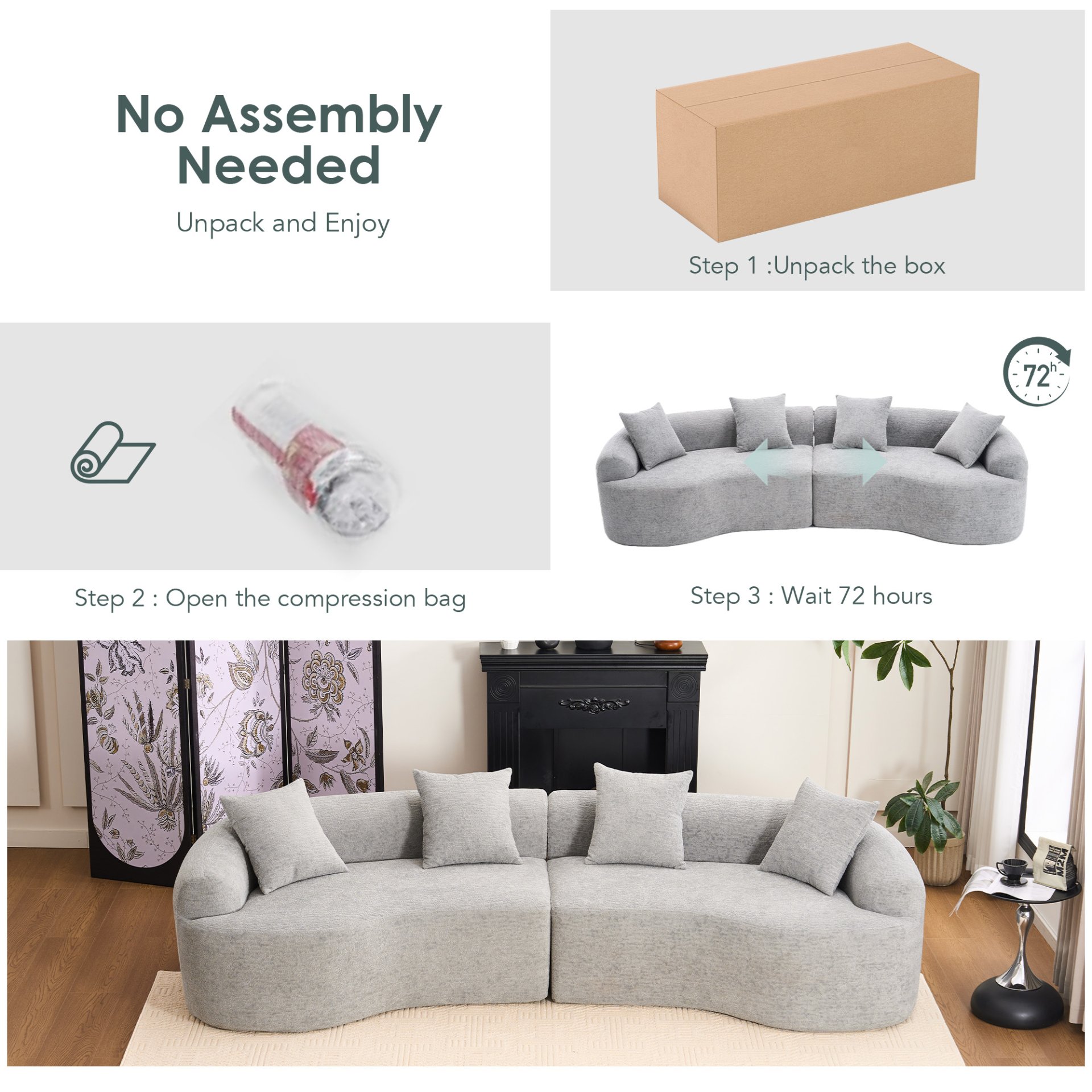 4 Seater Sofa With Chenille Fabric, 30D, 60 Hardness Full Sponge, 4 Pillow For Living Room, Home Furniture Sleeper Sectional Sofa For Apartment - Gray - Image 18