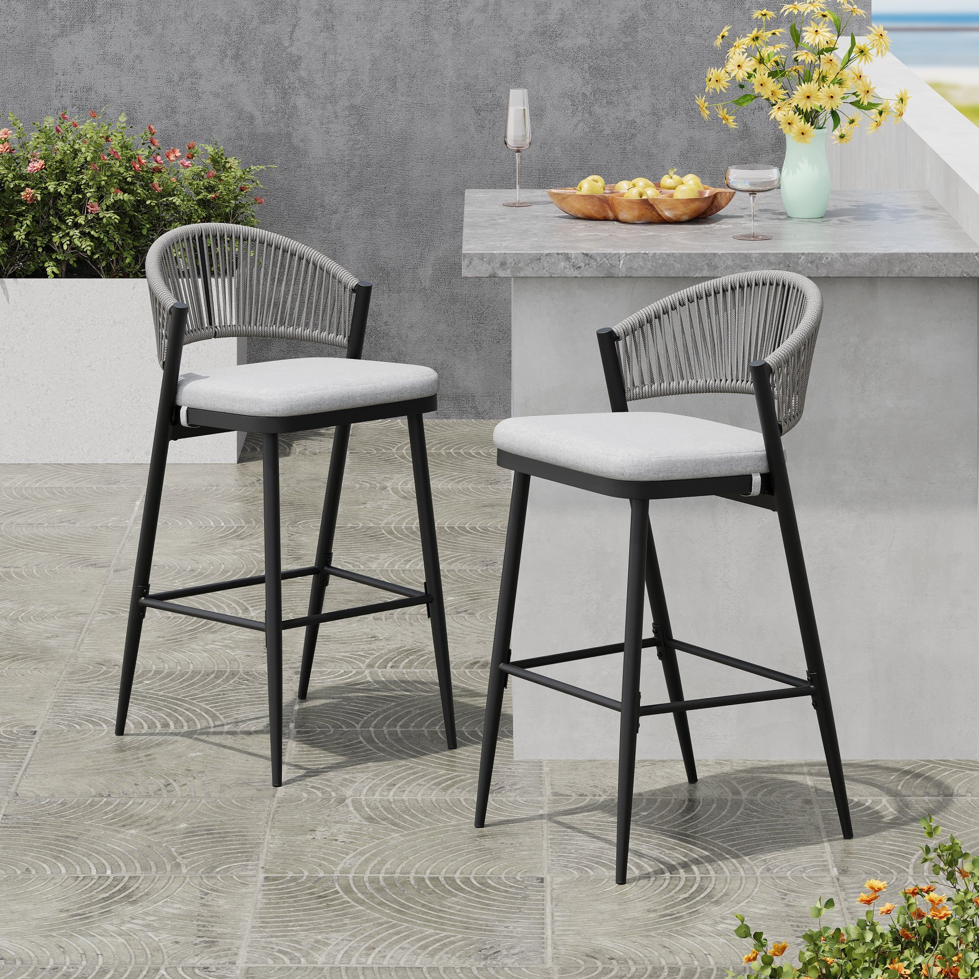 Outdoor Bar Height Metal Frame Counter Stools With Scallop Shaped Backrest & Water Resistant Cushions (Set of 2) - Matte Black - Image 4
