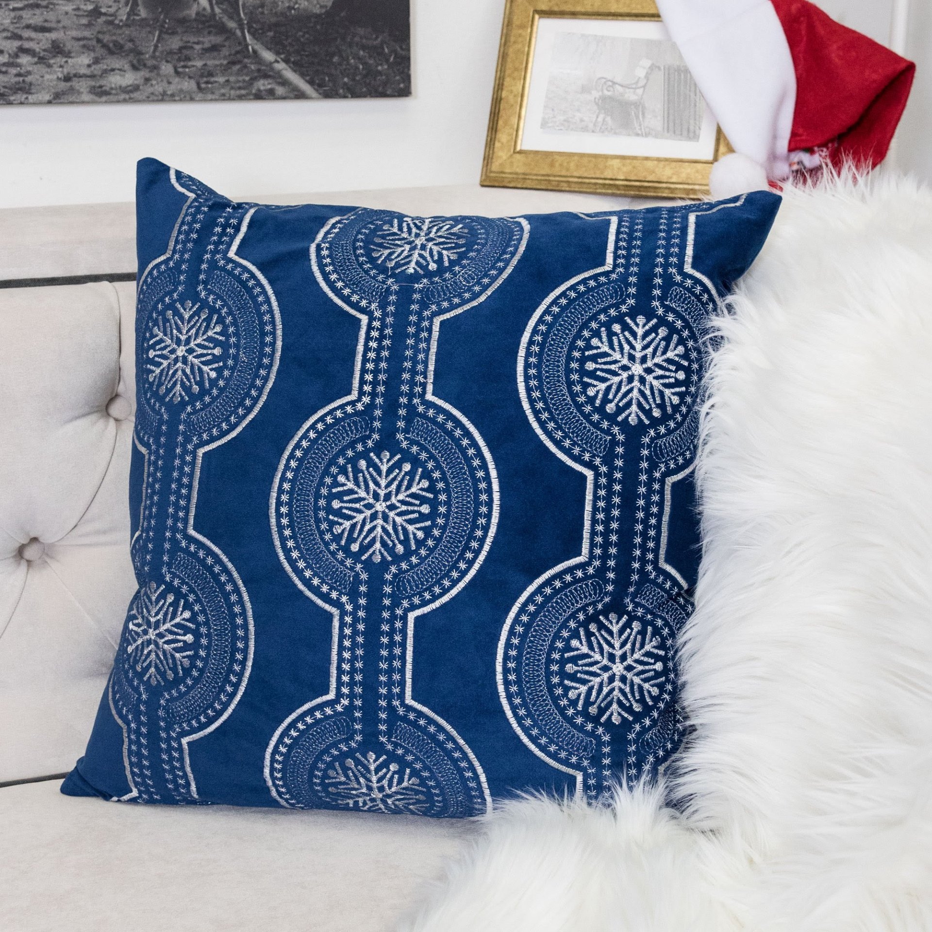 Holiday Throw Pillow With Snowflake Embroidery - Blue - Image 2