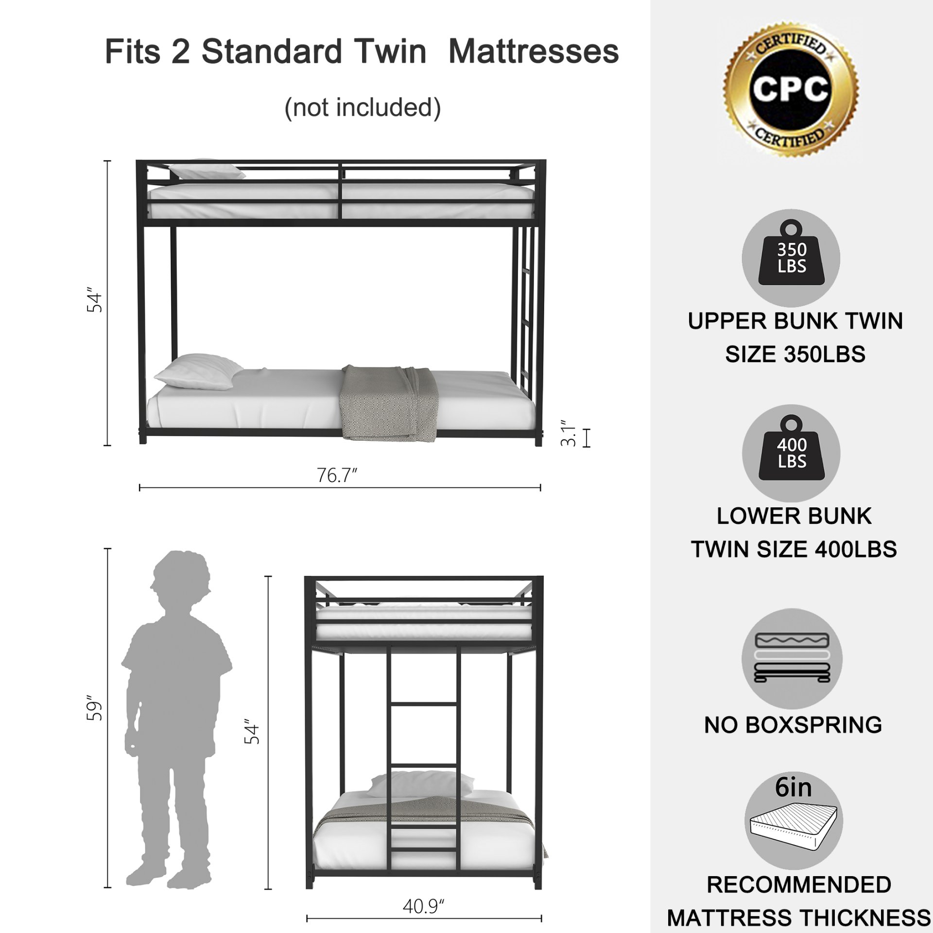 Adam - Twin Over Twin Bunk Bed - Black Metal - Image 18