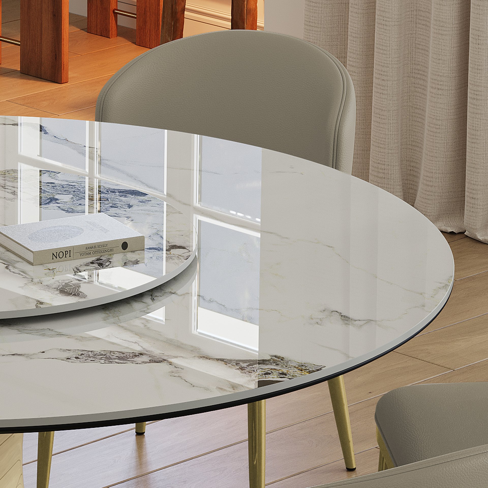 Luxury Round 59" Sintered Stone Dining Table With Stainless Steel Hourglass Base, Scratch & Heat Resistant Surface - Golden / White - Image 10