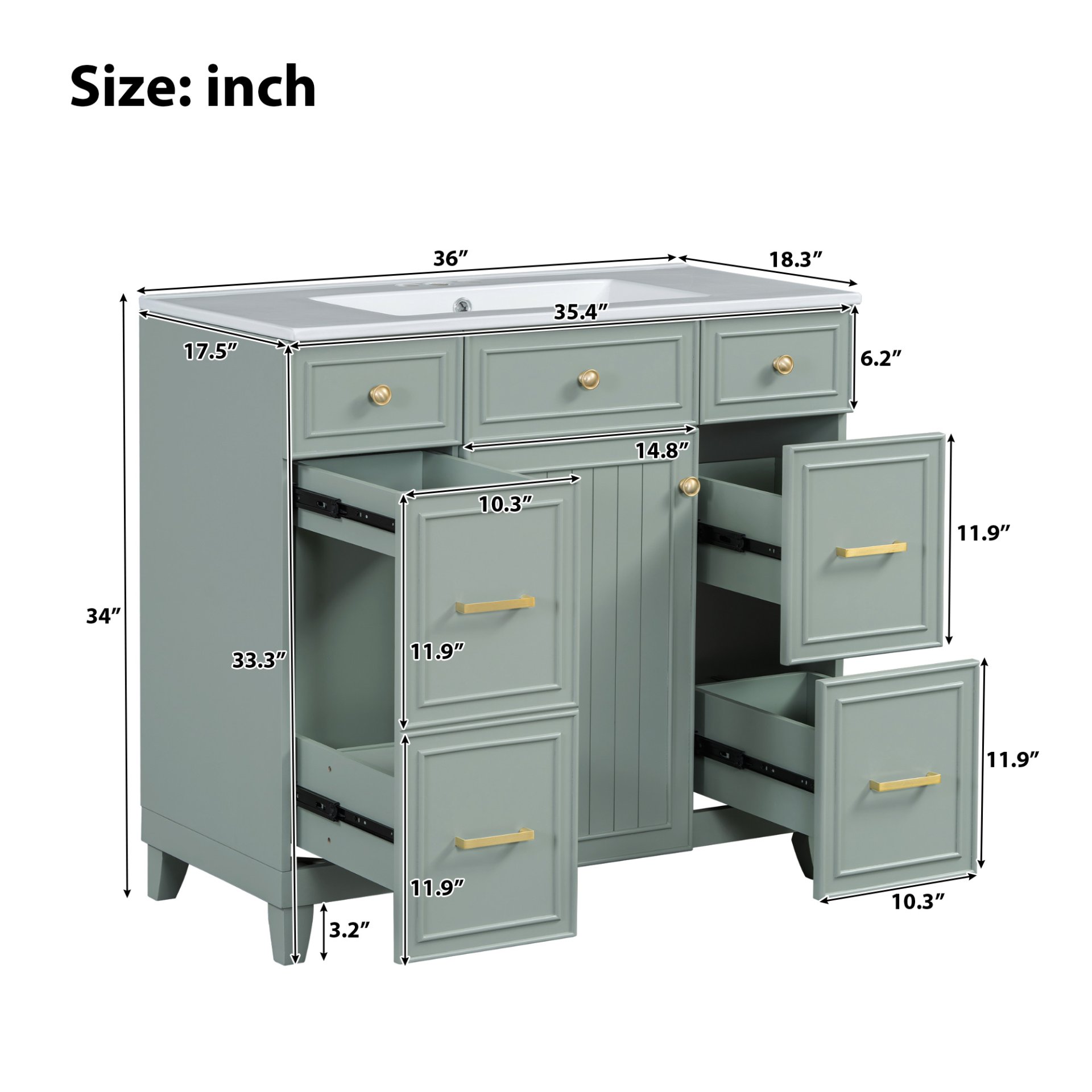 36" Bathroom Vanity With Sink, Soft Close Doors, Adjustable Shelves, And Hairdryer Storage - Green - Image 4