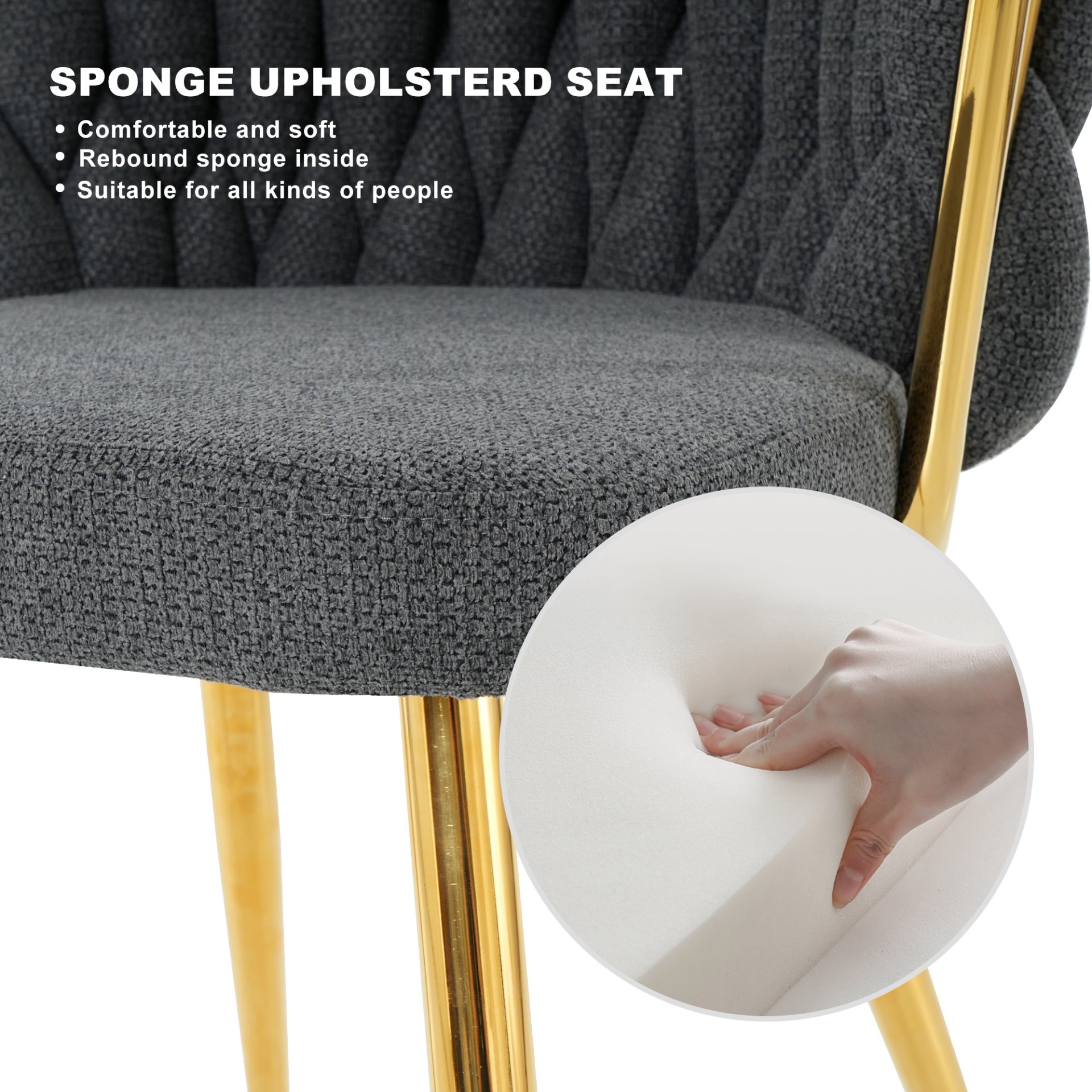 Modern Simple Dark Gray Linen Dining Chair With Plated Metal Legs, (Set of 2) - Gold - Image 8