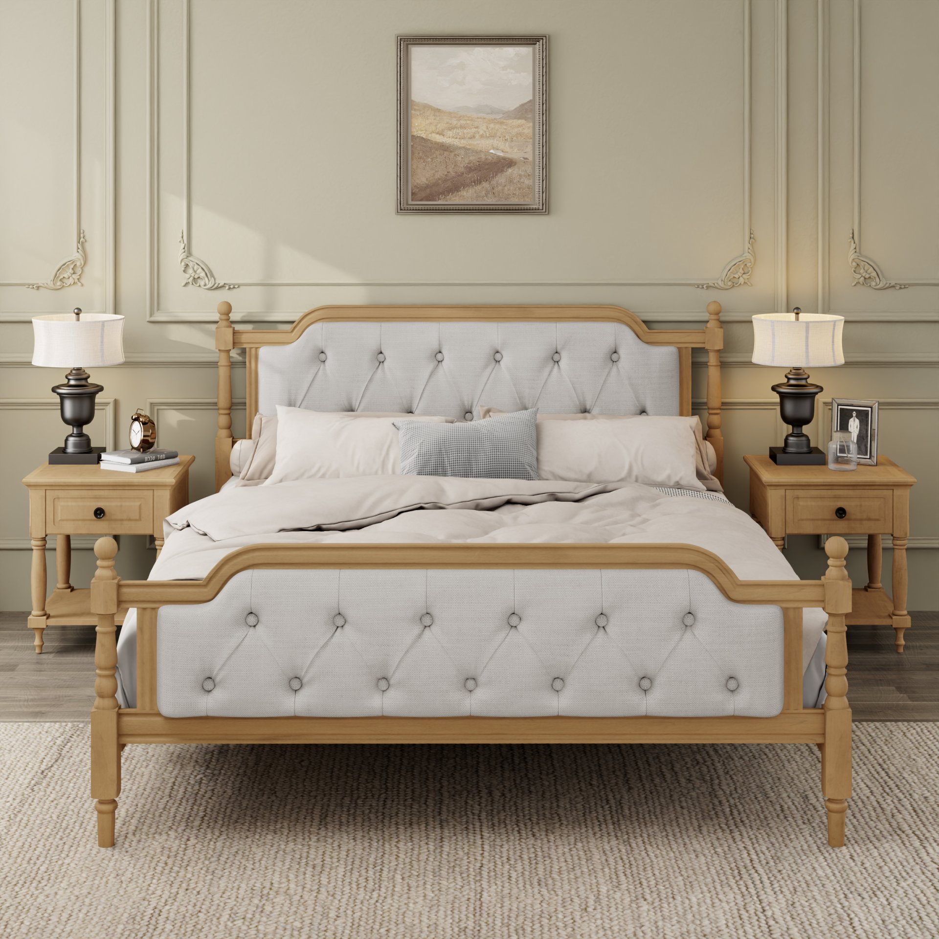 King Size Traditional Style Solid Bed Frame With Upholstered Tufted Headboard, No Box Spring Needed - Walnut - Image 4