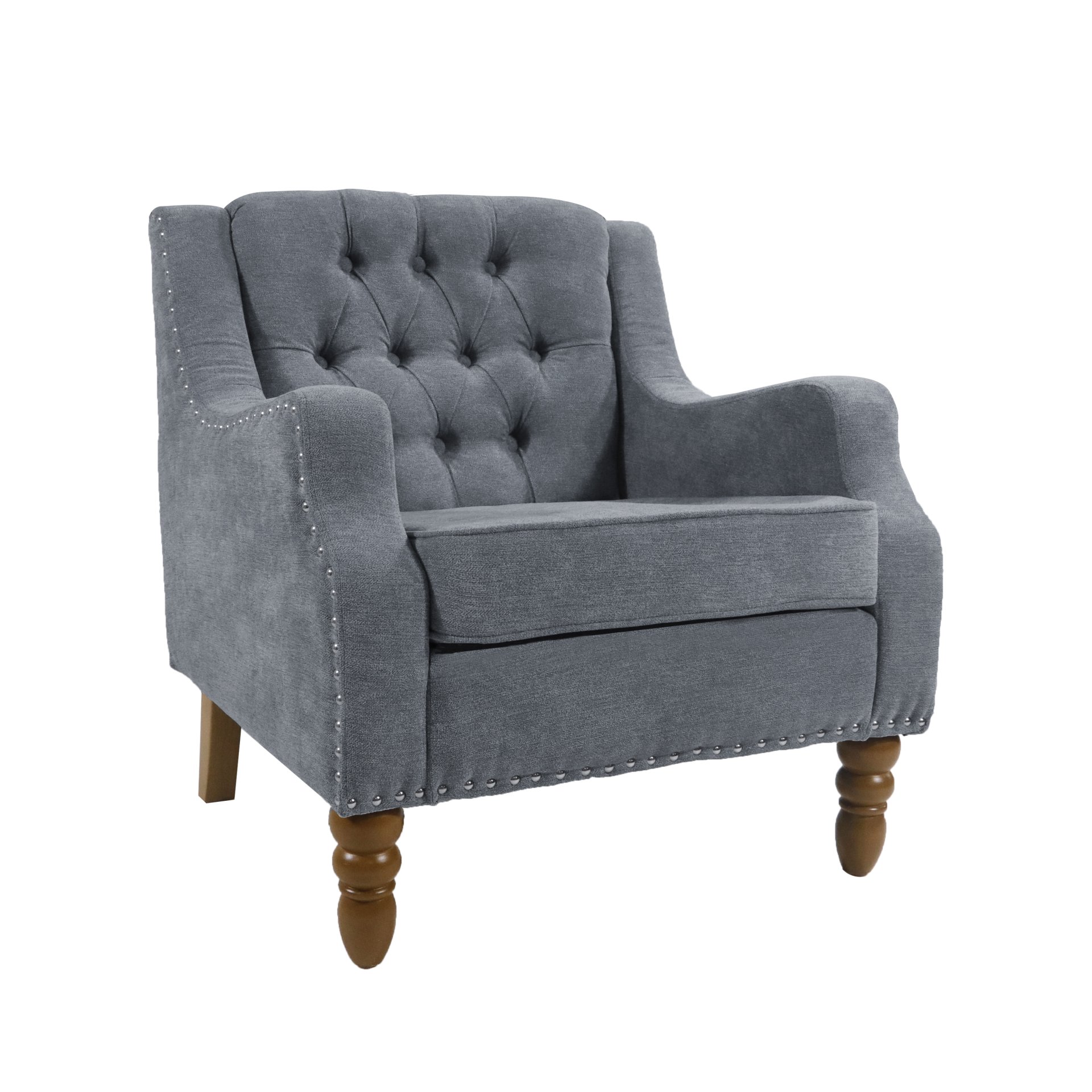 Accent Chair, Living Room Chair, Footrest Chair Set With Vintage Brass Studs, Button Tufted Upholstered Armchair For Living Room, Comfy Reading Chair For Bedroom, Reception Room - Gray - Image 13