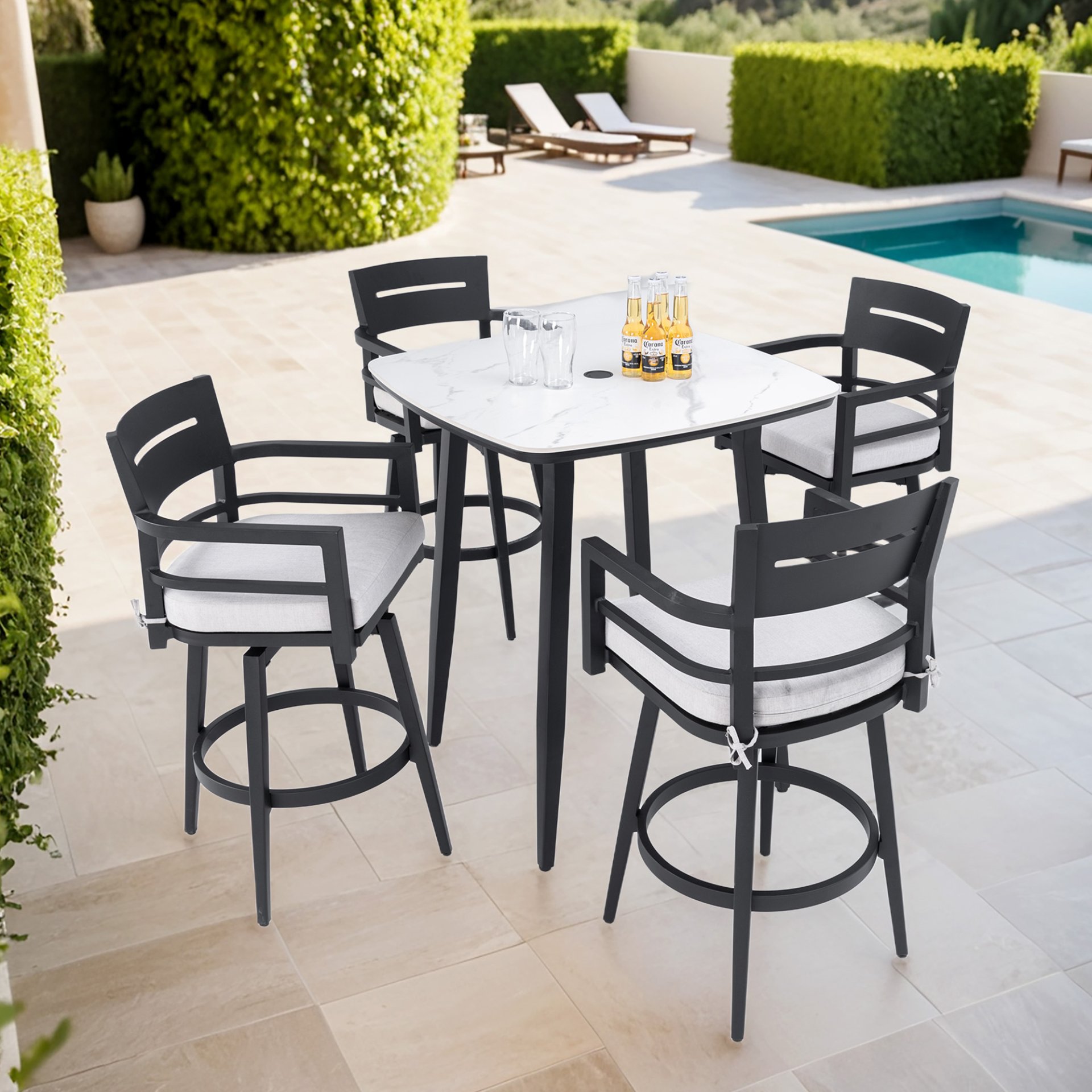 5 Pieces Modern Outdoor Patio Bar Set, Rounded Square Table & 4 Swivel Bar Chairs, Non Rust Frame, Tapered Legs, Sunbrella Cushion - Ember Black / White - Image 4