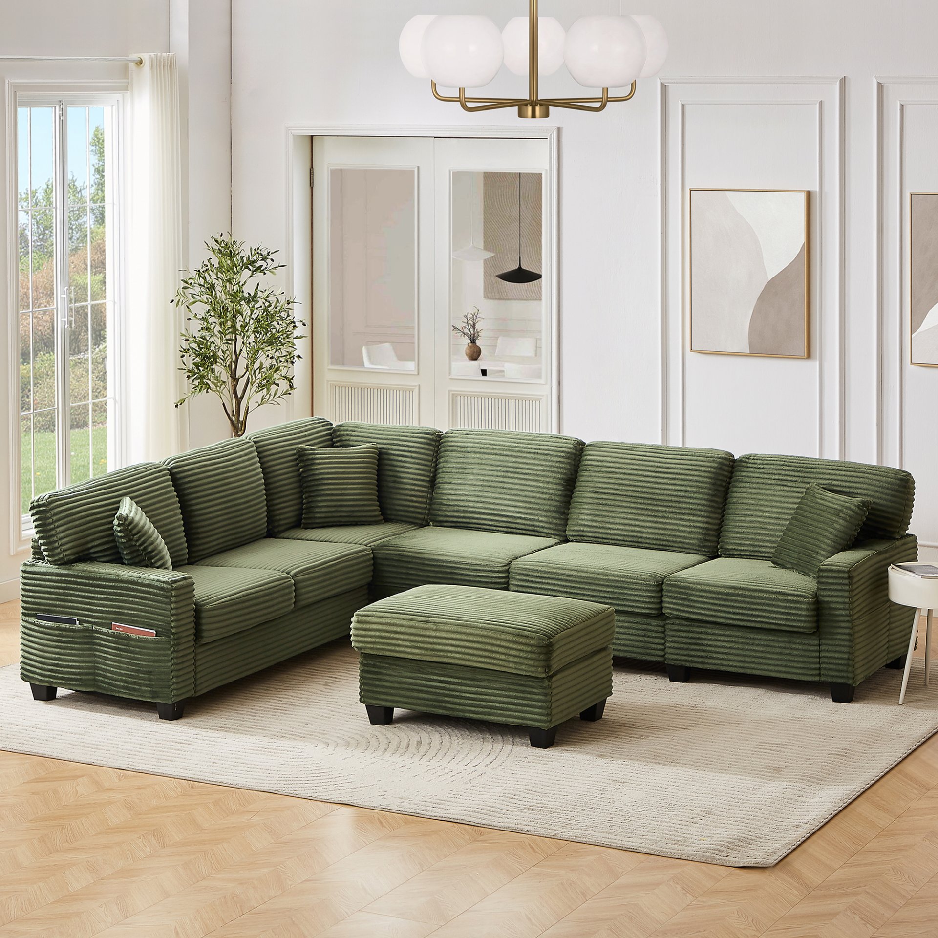 Modern Sectional Sofa U Shaped With Movable Ottoman And Side Storage Pockets Corduroy - Green - Image 8