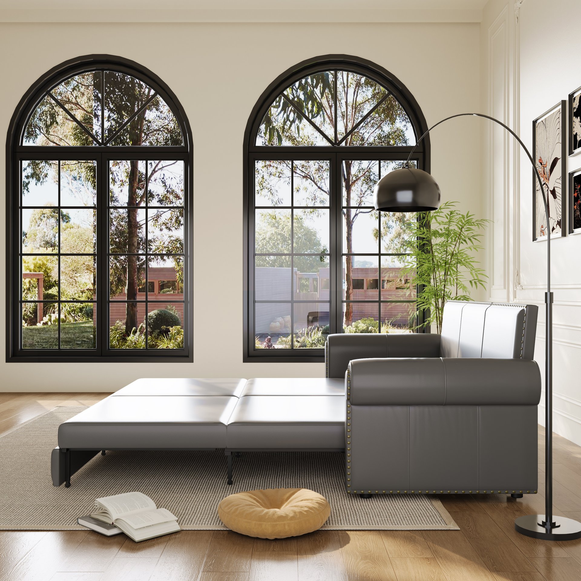 Pull Out Sofa Bed, 3 In 1 Convertible Sleeper Sofa With Nailhead Trim & Rolled Arm, Multi Functional Sofa Bed For Living Room, Bedroom, Apartment, Office - Gray - Image 7