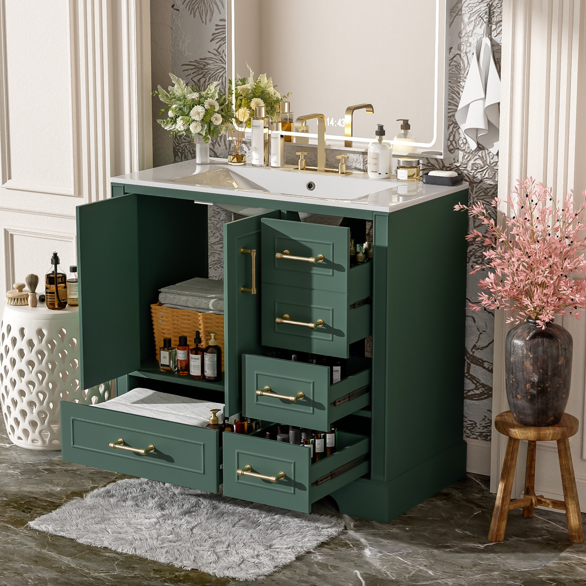 Traditional Bathroom Vanity With Sink, Soft Close Doors & Drawers, 36" - Green - Image 3