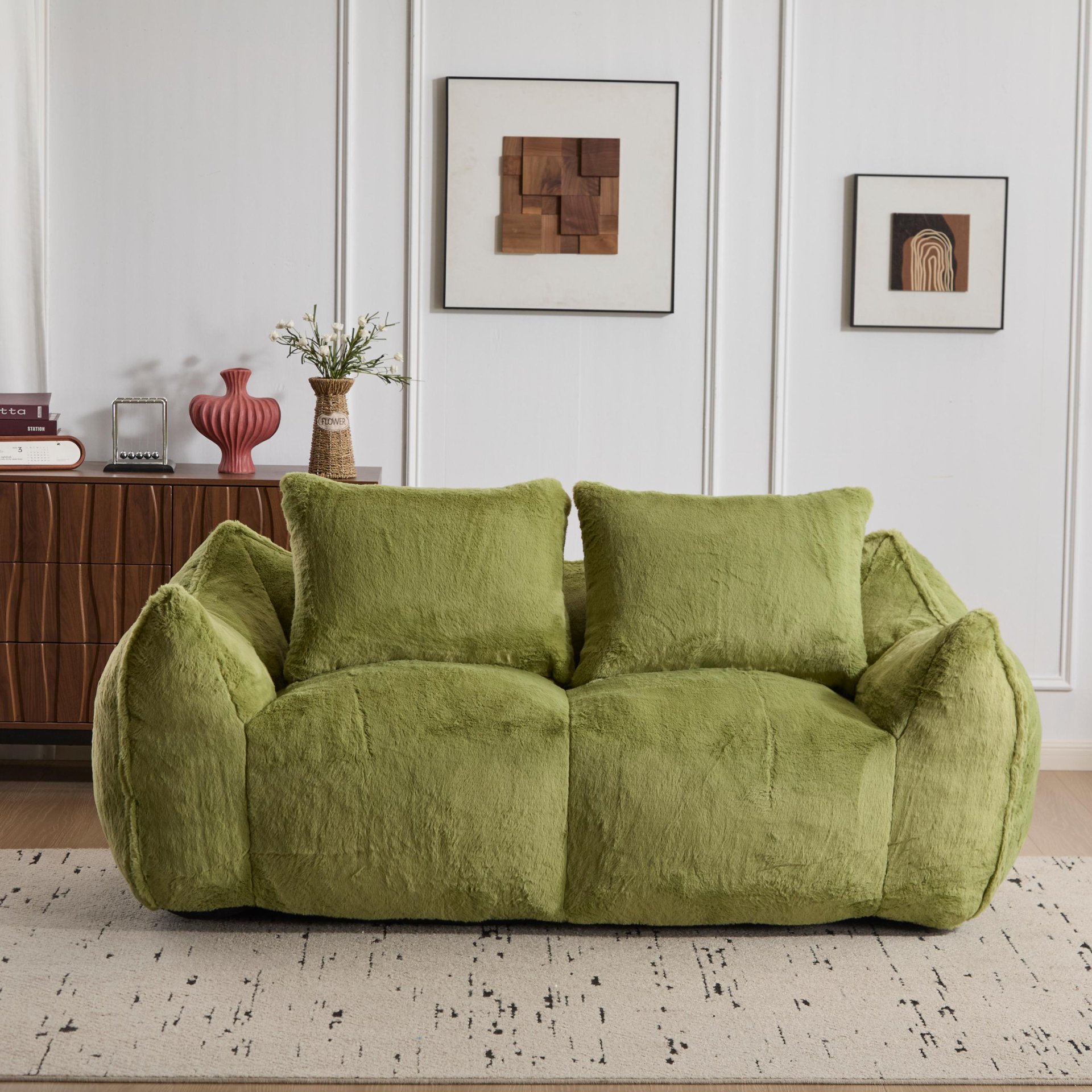 Giant Bean Bag Couch, Ultra Soft Fluffy Loveseat For Living Room Reading Chair With Pillows - Green - Image 9
