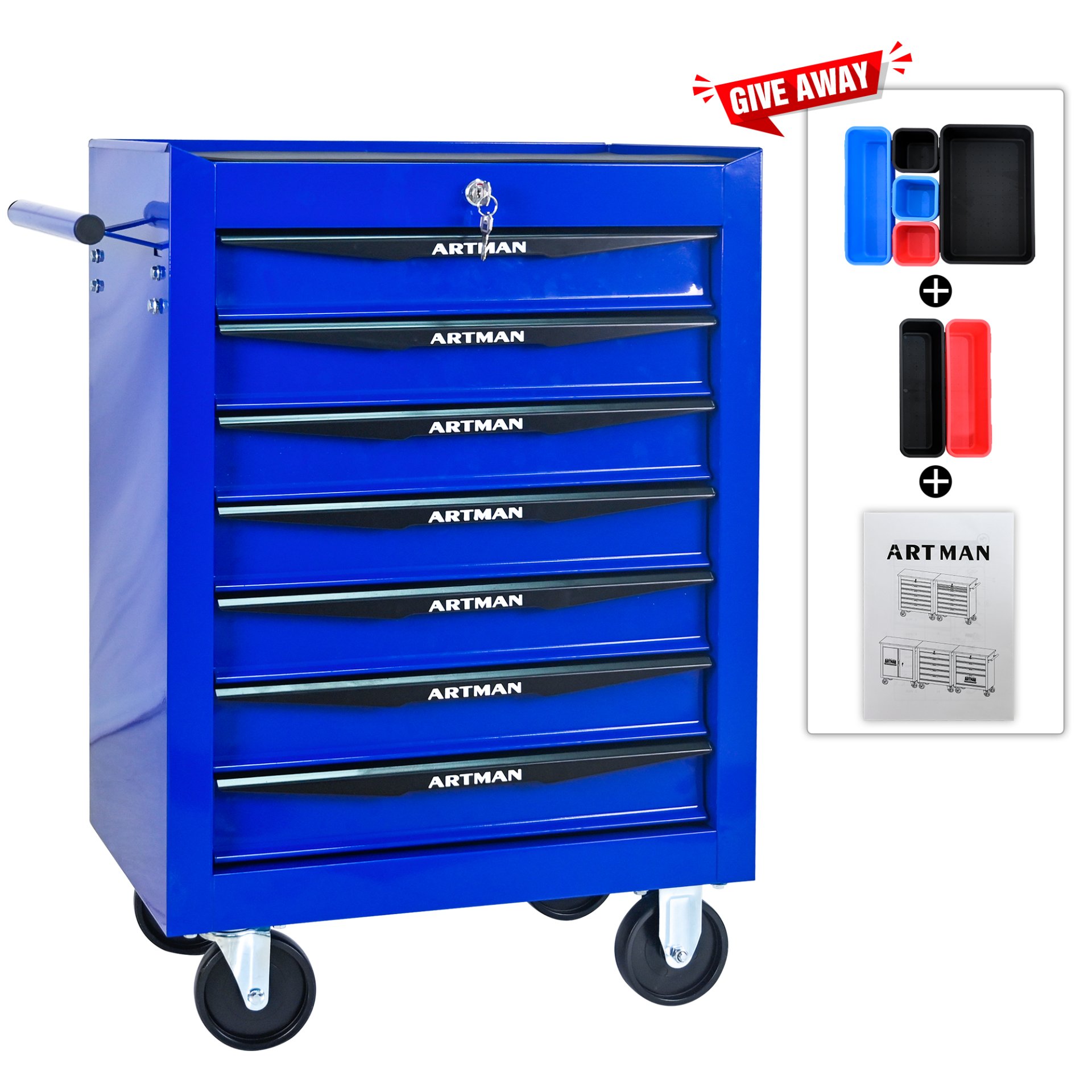Rolling Metal Tool Chest With 7 Drawers, 20" Steel Storage Cabinet With Ball Bearing Slides - Black / Blue - Image 5