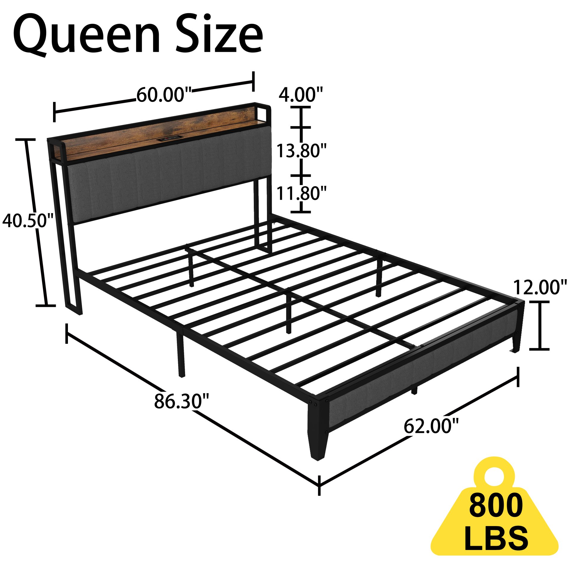 Queen Size Bed Frame With Charging Station, Upholstered Headboard, Metal Platform - Light Gray - Image 3