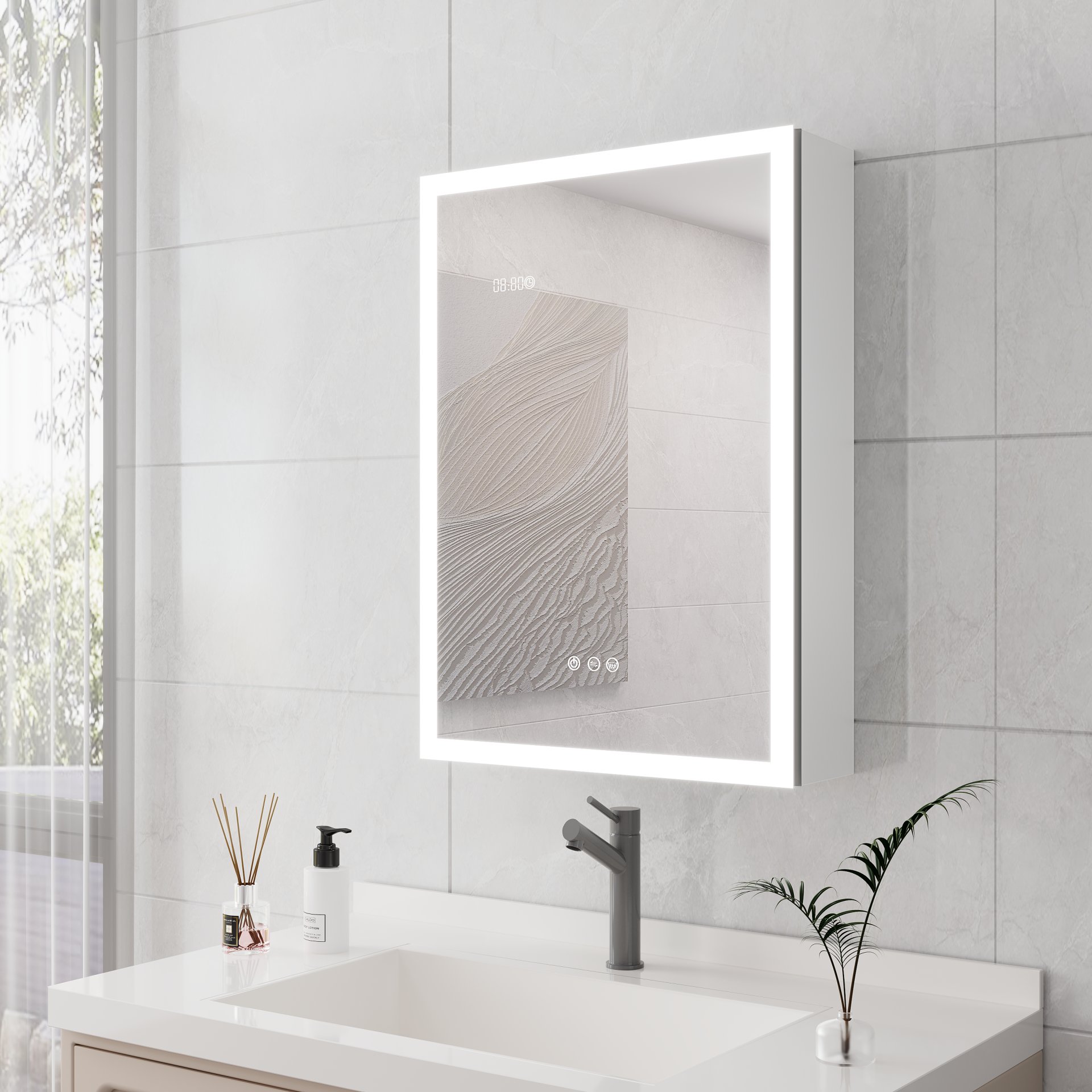 Bathroom Medicine Cabinet With Lights, LED Medicine Cabinet With Mirror, Lighted Medicine Cabinet With Defogger, Dimmer, Digital Clock & Temp Display, Surface Mount - Silver - Image 6