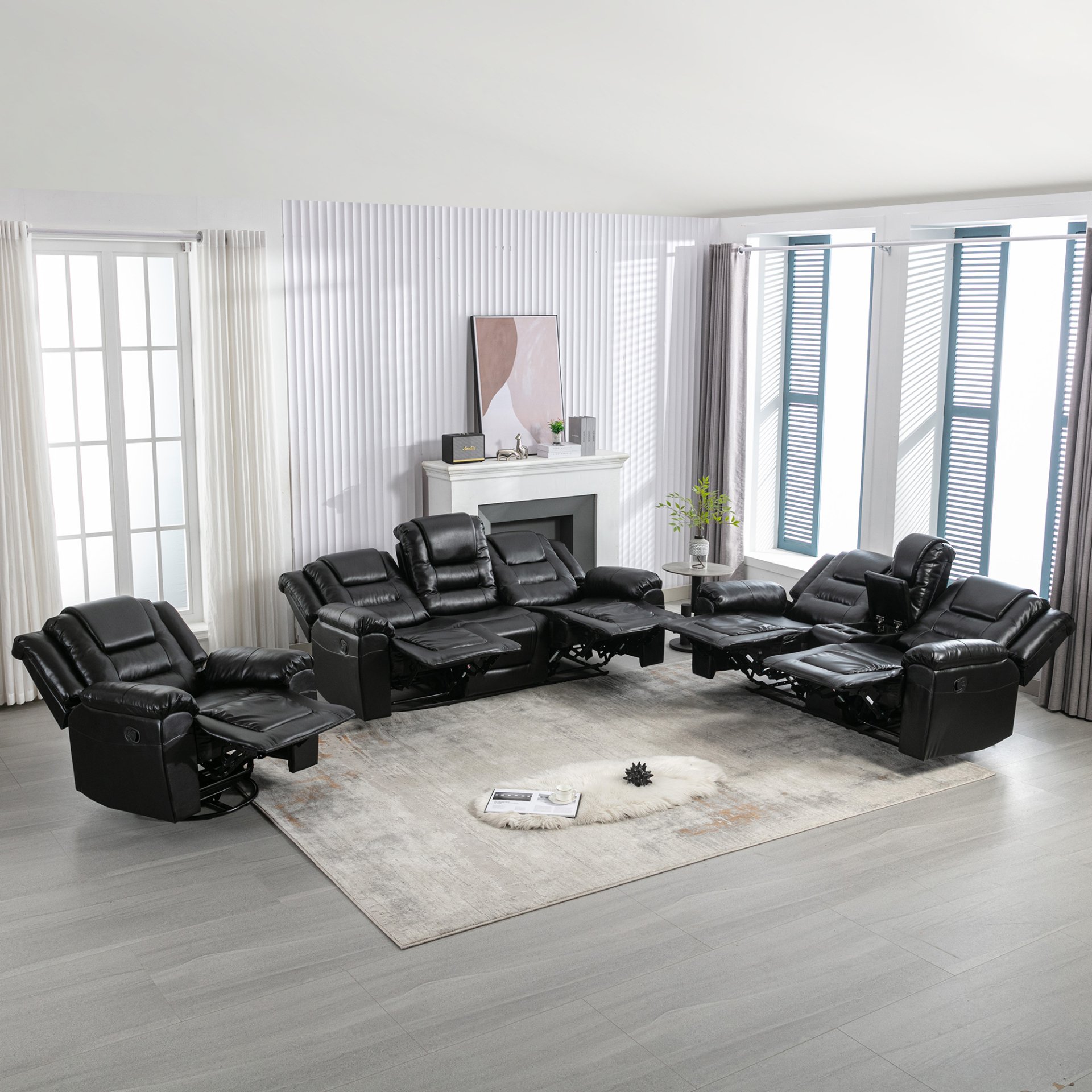 Home Theater Recliner Set Manual Recliner Chair With Wide Armrest, Two Built-In Cup Holders For Living Room - Black - Image 13