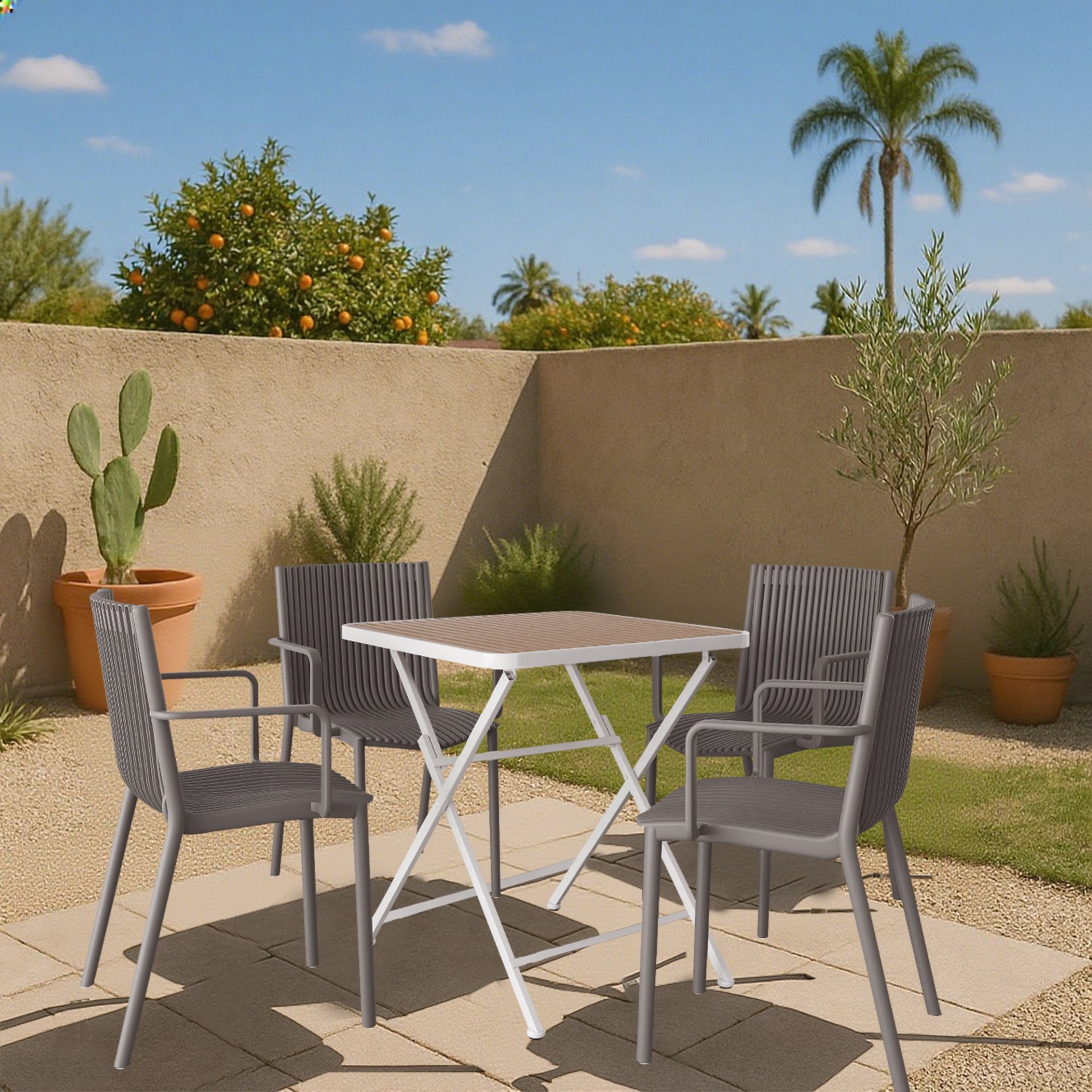 4 Stackable Plastic Armchair Matched With Folding Square Table - Khaki / Warm Grey / White - Image 16