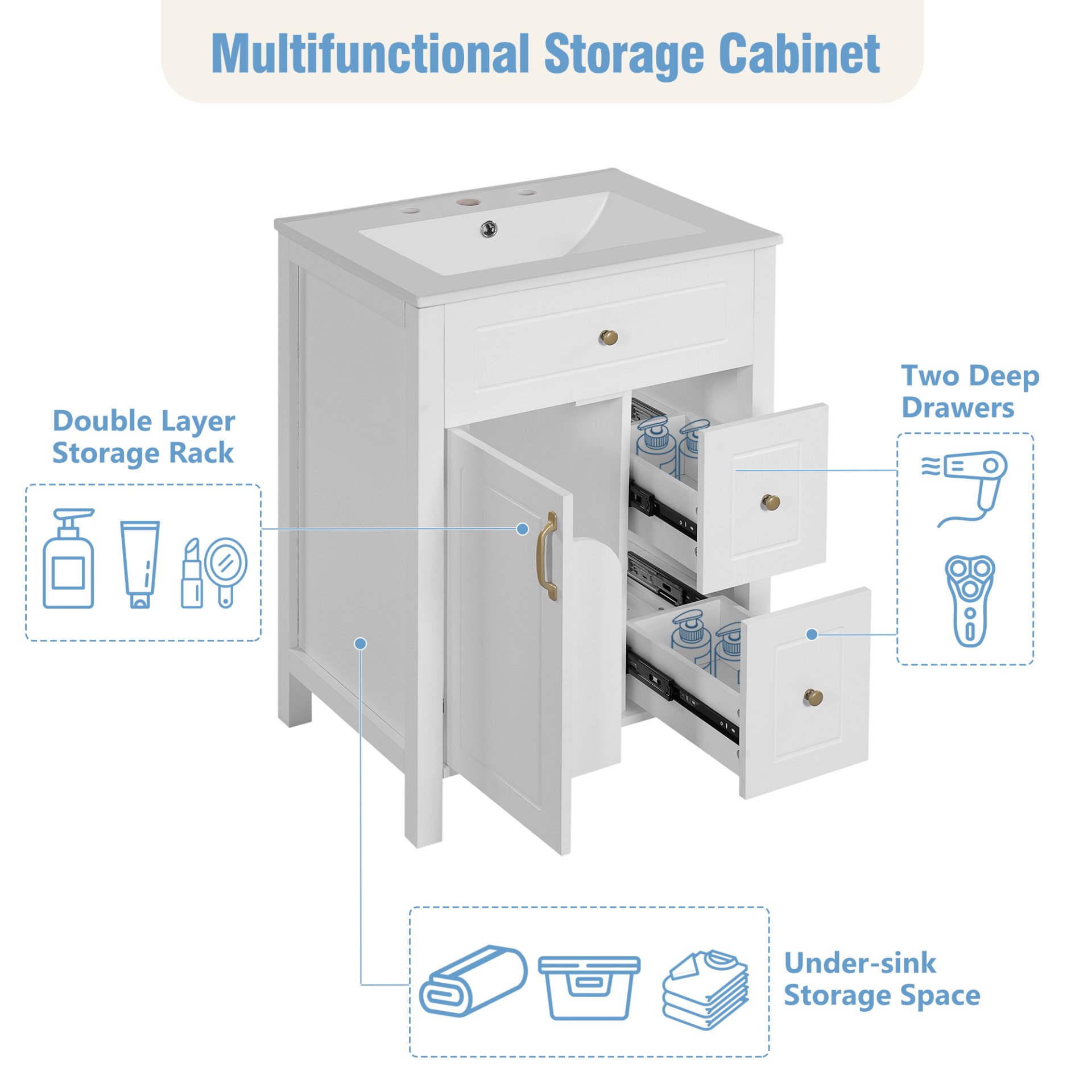 Bathroom Vanity With Sink, Soft Close Doors And Drawers, Double Storage Racks - White - Image 8