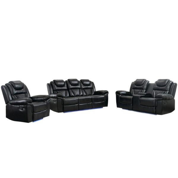 3 Pieces Recliner Sofa Sets Home Theater Seating Manual Recliner Chair With Center Console And Led Light Strip For Living Room - Black