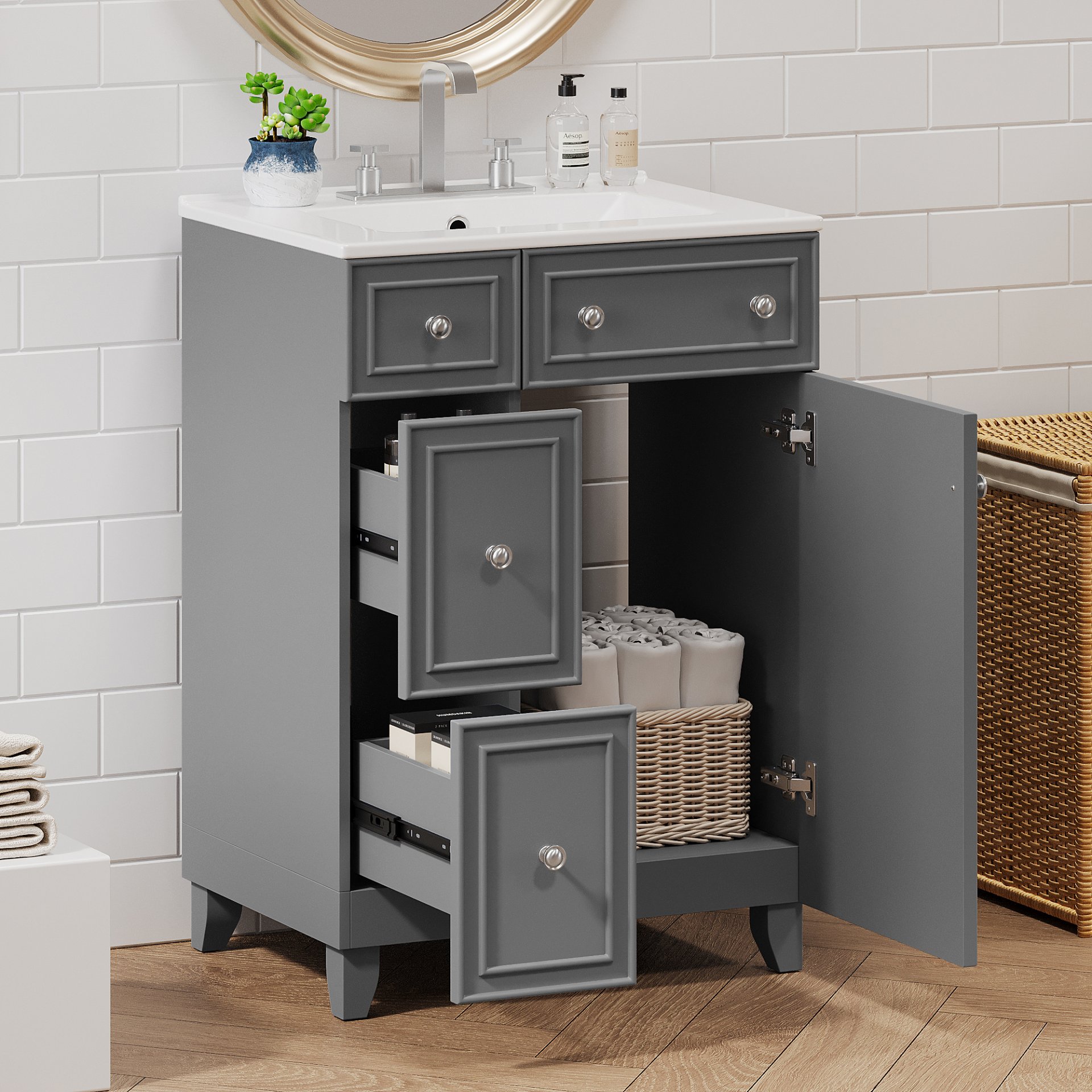 Transitional Bathroom Vanity Cabinet With Sink, 2 Drawers, 1 Soft Close Door - Gray - Image 2