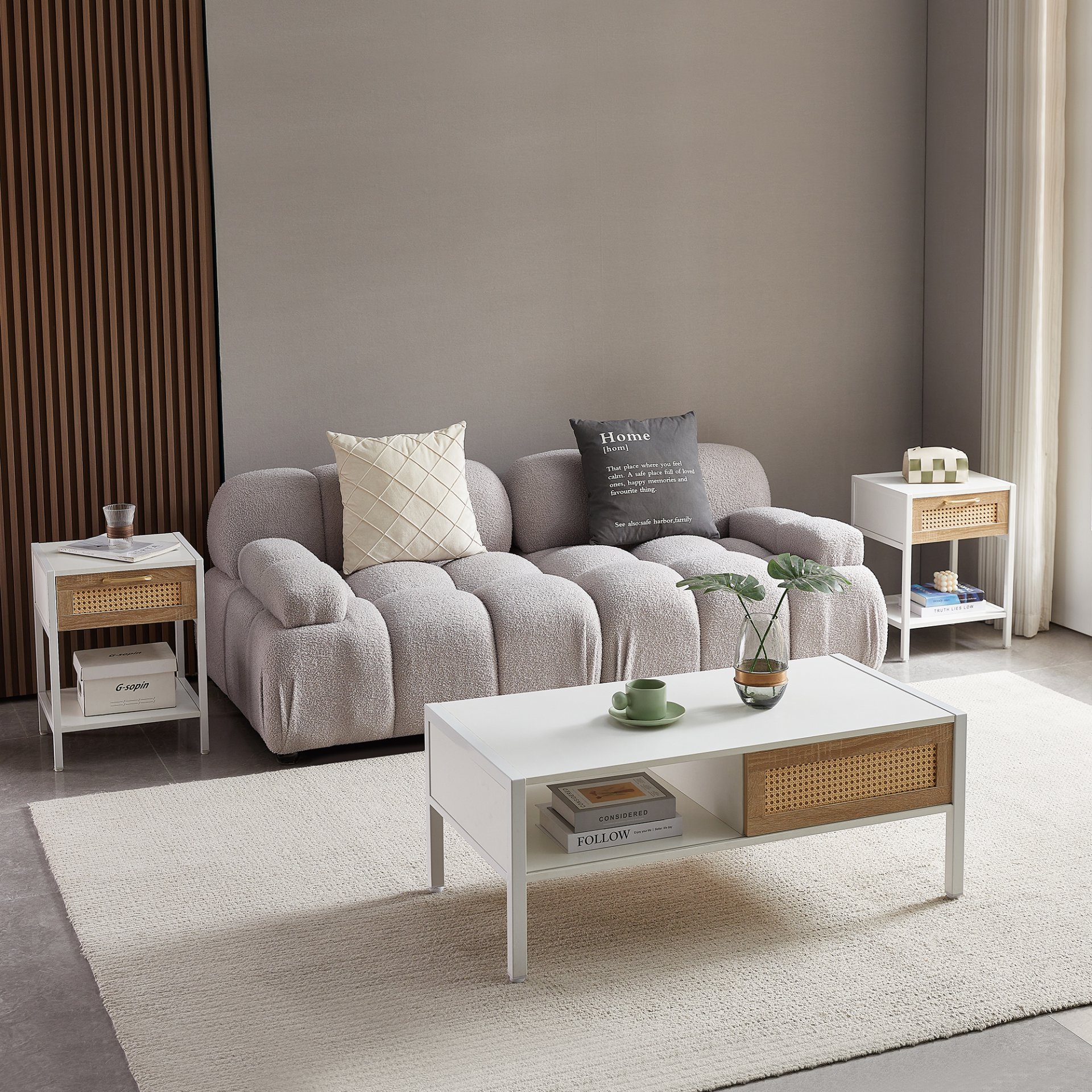 40.16" Rattan Coffee Table, Sliding Door For Storage, Metal Legs, Modern Table For Living Room - White - Image 5