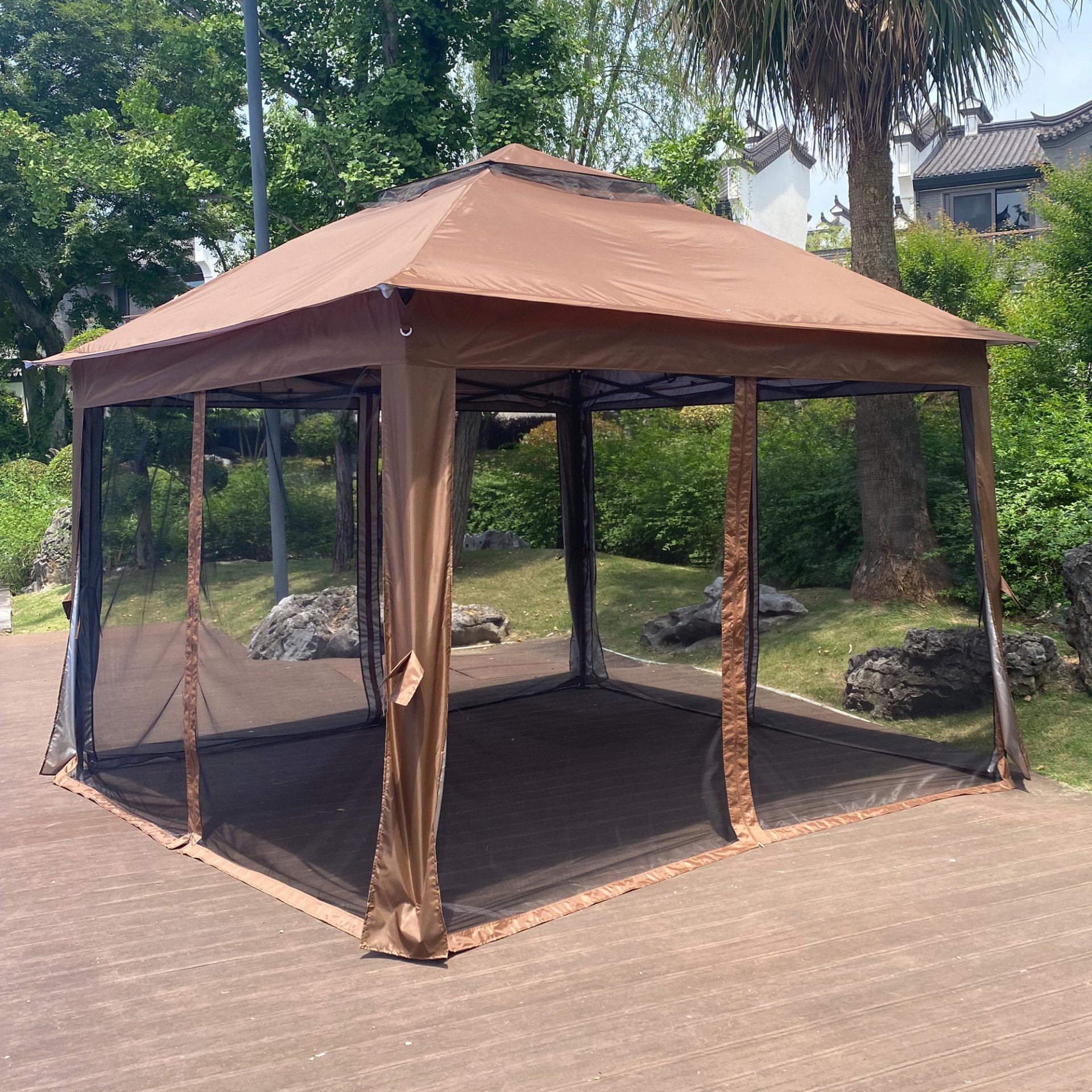 Outdoor 11X 11Ft Pop Up Gazebo Canopy With Removable Zipper Netting, 2 Tier Soft Top Event Tent, Suitable For Patio Backyard Garden Camping Area With 4 Sandbags - Brown - Image 10