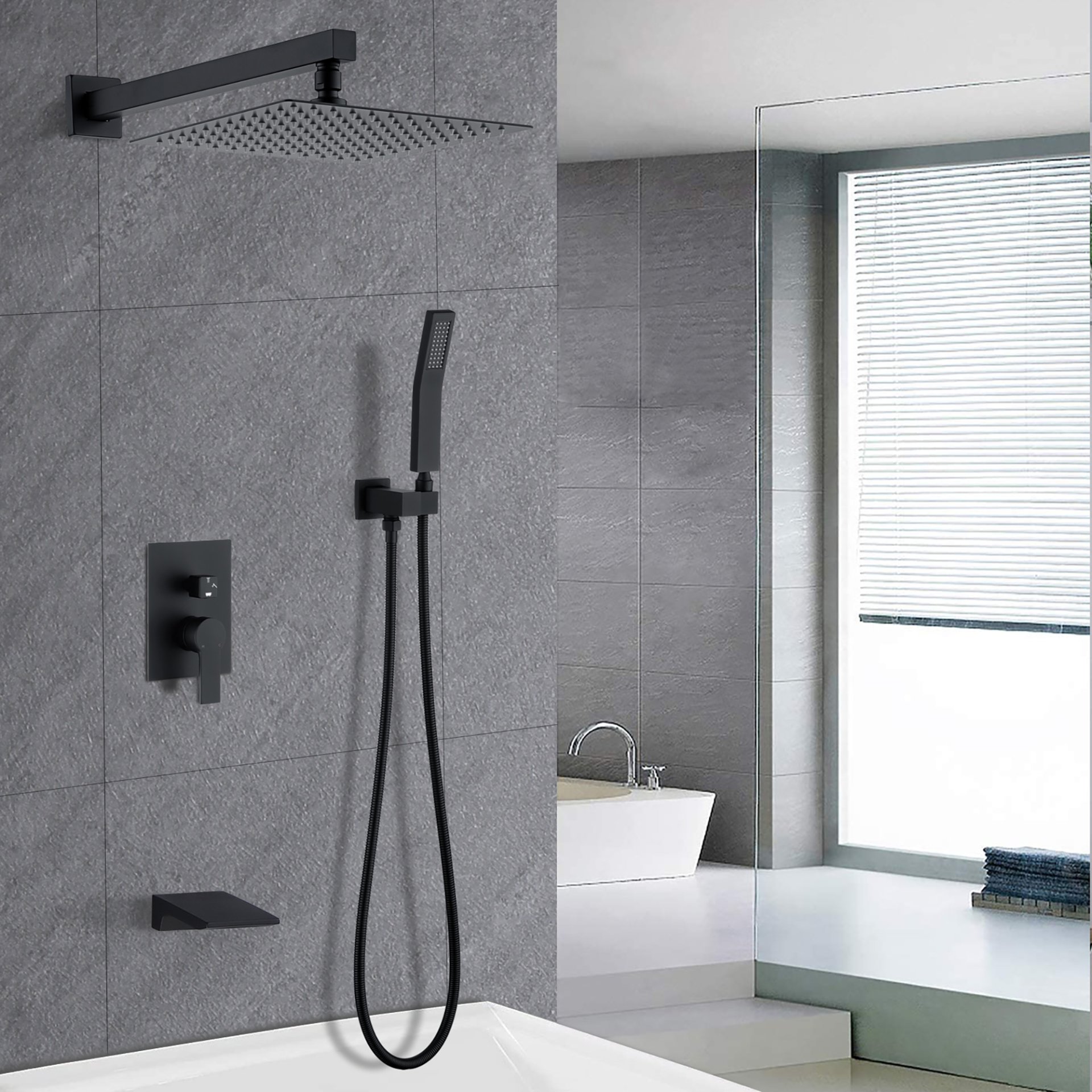 All Metal Tub Shower Faucet Set With 12" Rain Shower Head And Handheld Spray Combo, Wall Mounted - Matte Black - Image 2
