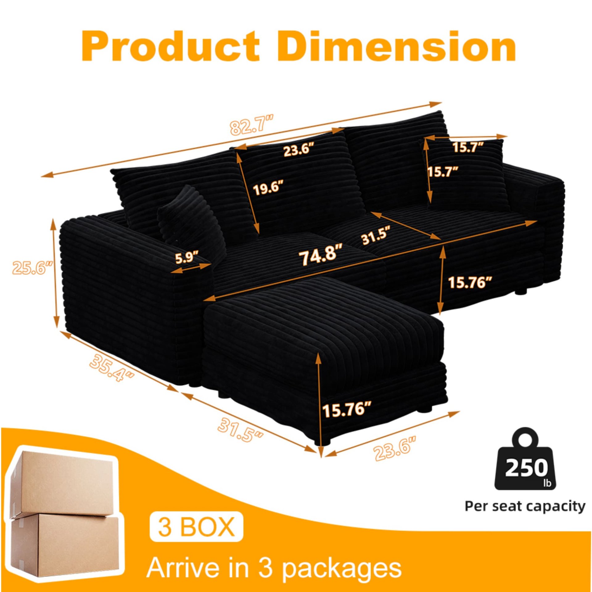 3 Seat Sofa, Deep Seat Couches With Soft Pillows And 1 Ottomans, Convertible Sofa Lounge Chair, For Living Room - Black - Image 8