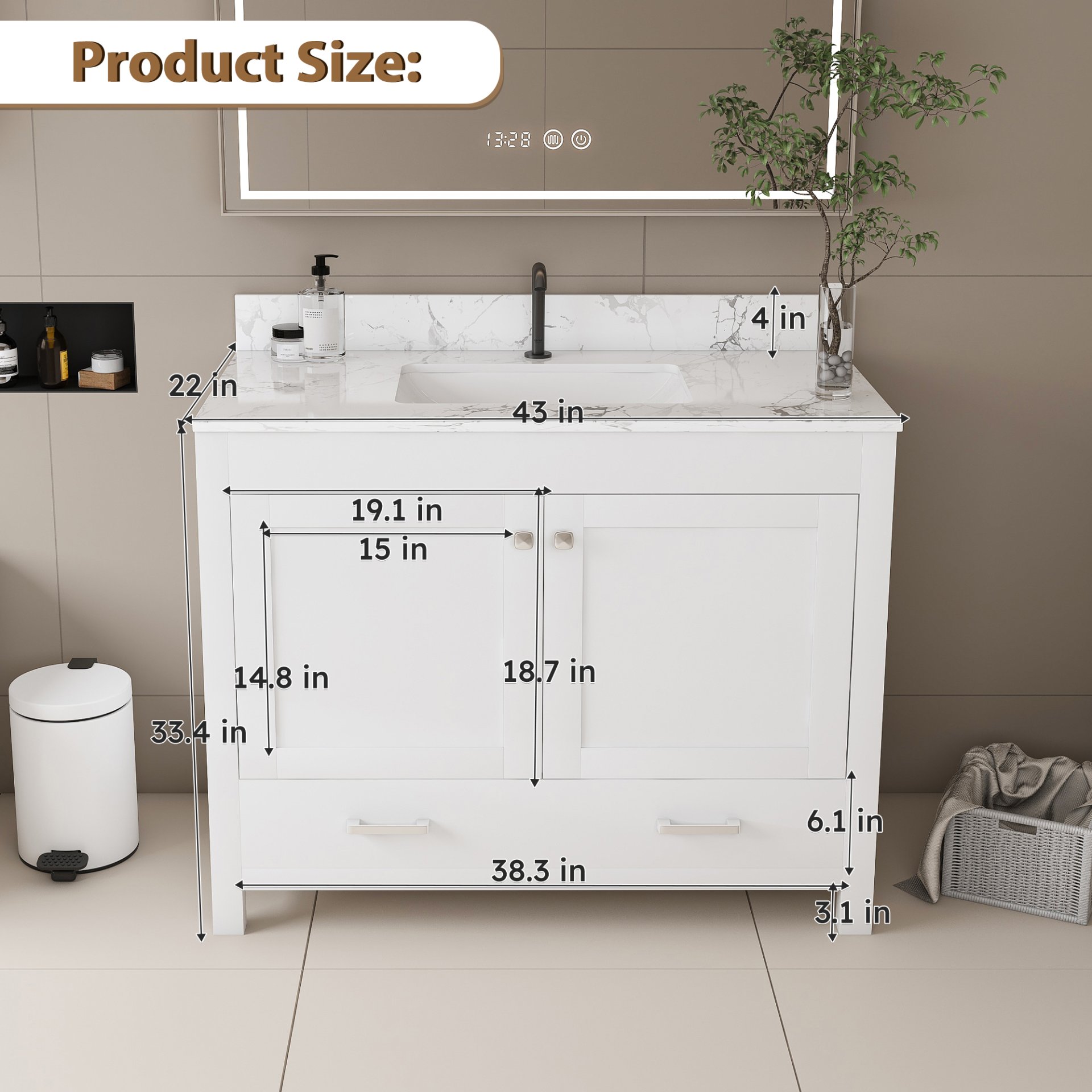 43" Bathroom Vanity With Artificial Marble Carrara Top Set, Multi Functional Cabinet With Doors And Drawer - White - Image 7