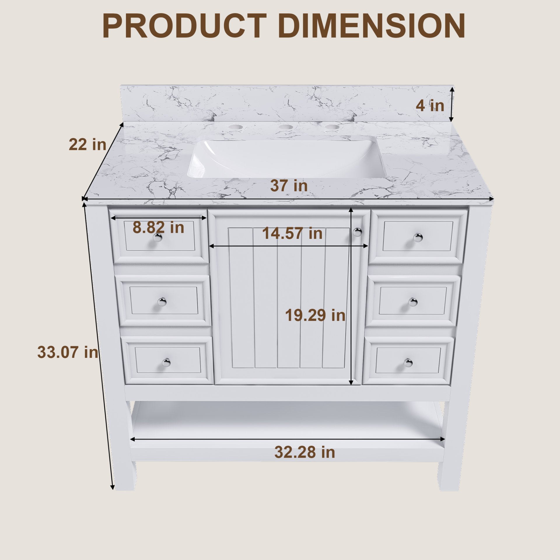 37" Bathroom Vanity With Artificial Marble Carrara Top, Multi Functional Cabinet With Doors And Drawer - White - Image 6