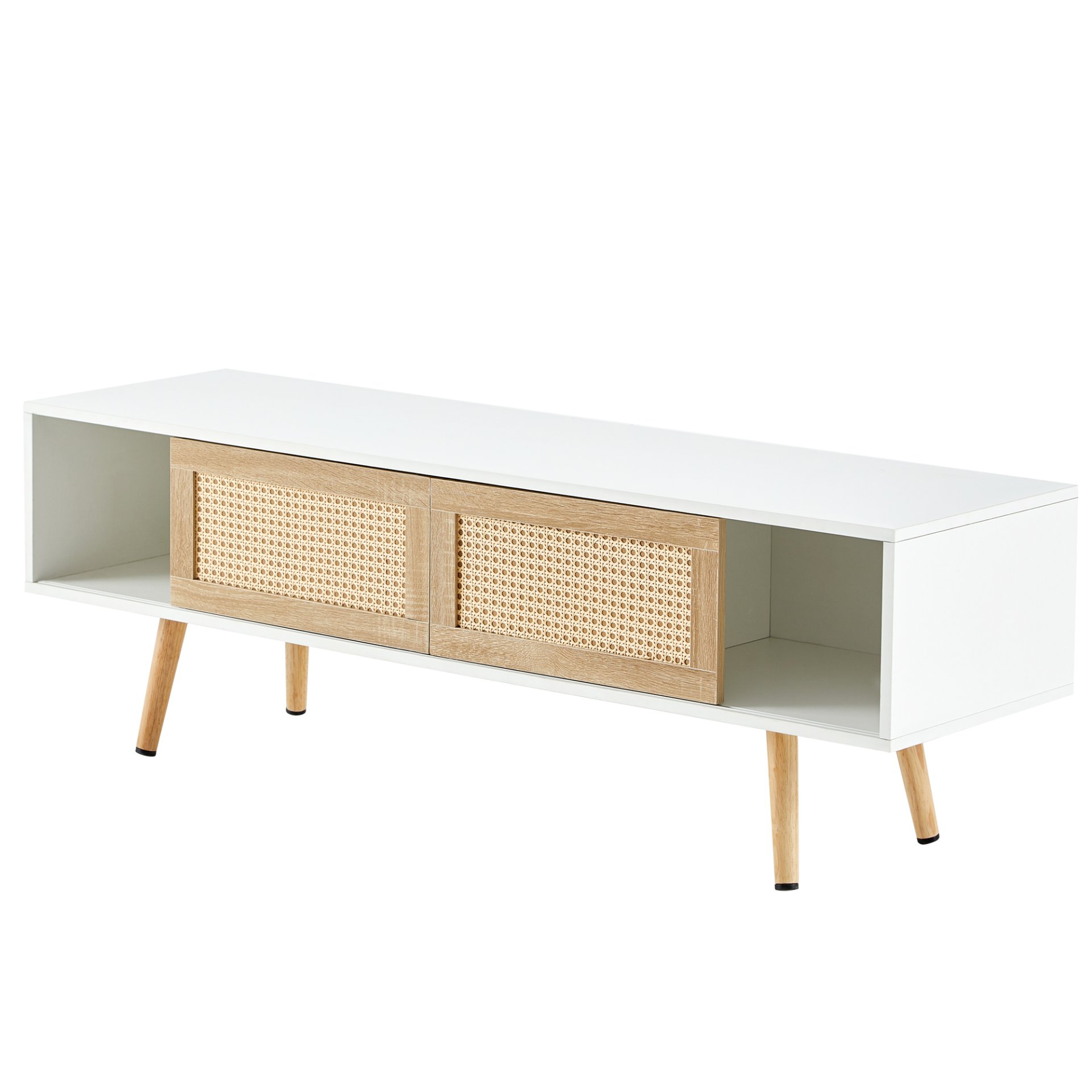 55.12" Rattan TV Cabinet, Double Sliding Doors For Storage, Adjustable Shelf, Solid Wood Legs, TV Console For Living Room - White - Image 6