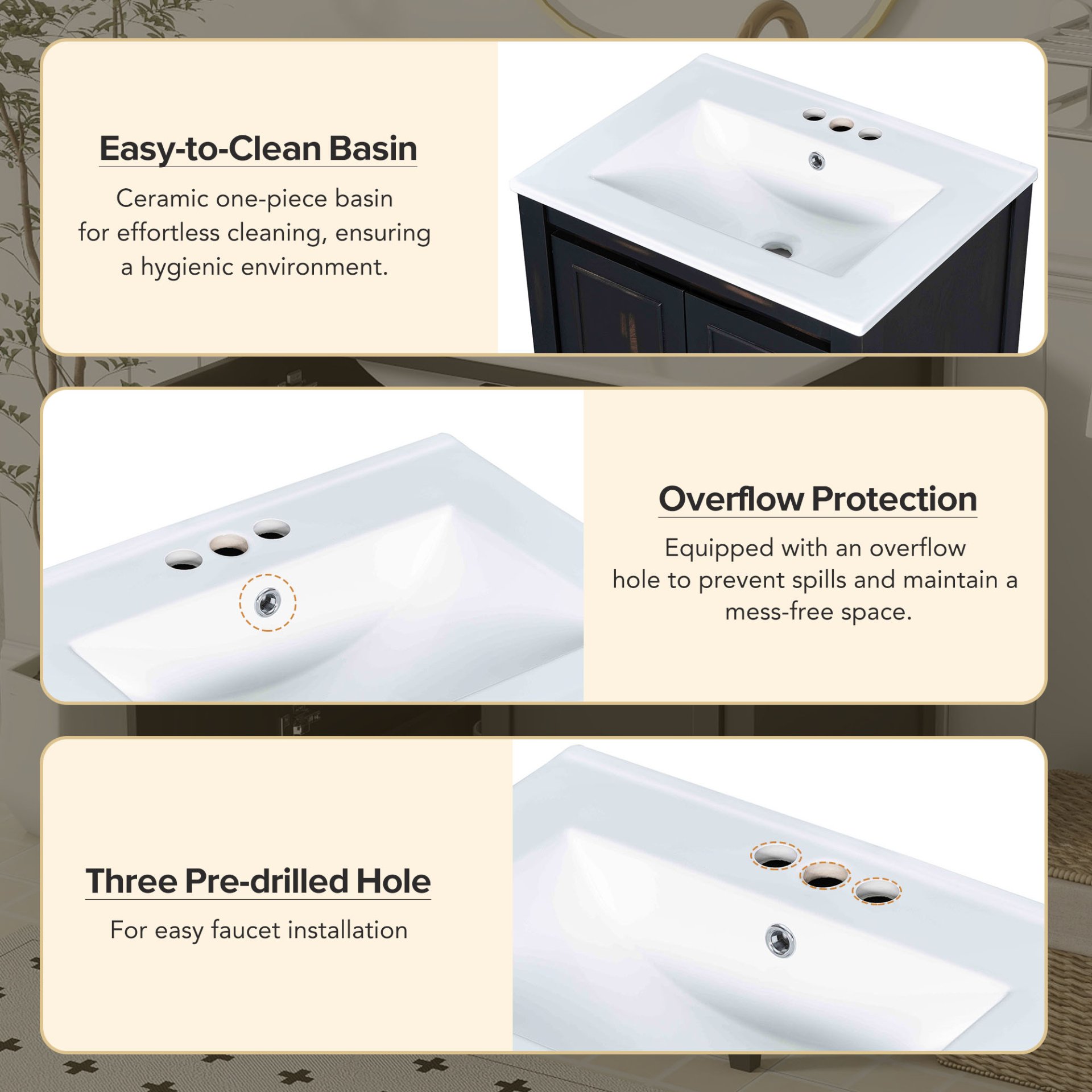 Vintage Style Small Bathroom Vanity Combo With Ceramic Sink, 2 Soft-Close Doors - Espresso - Image 8