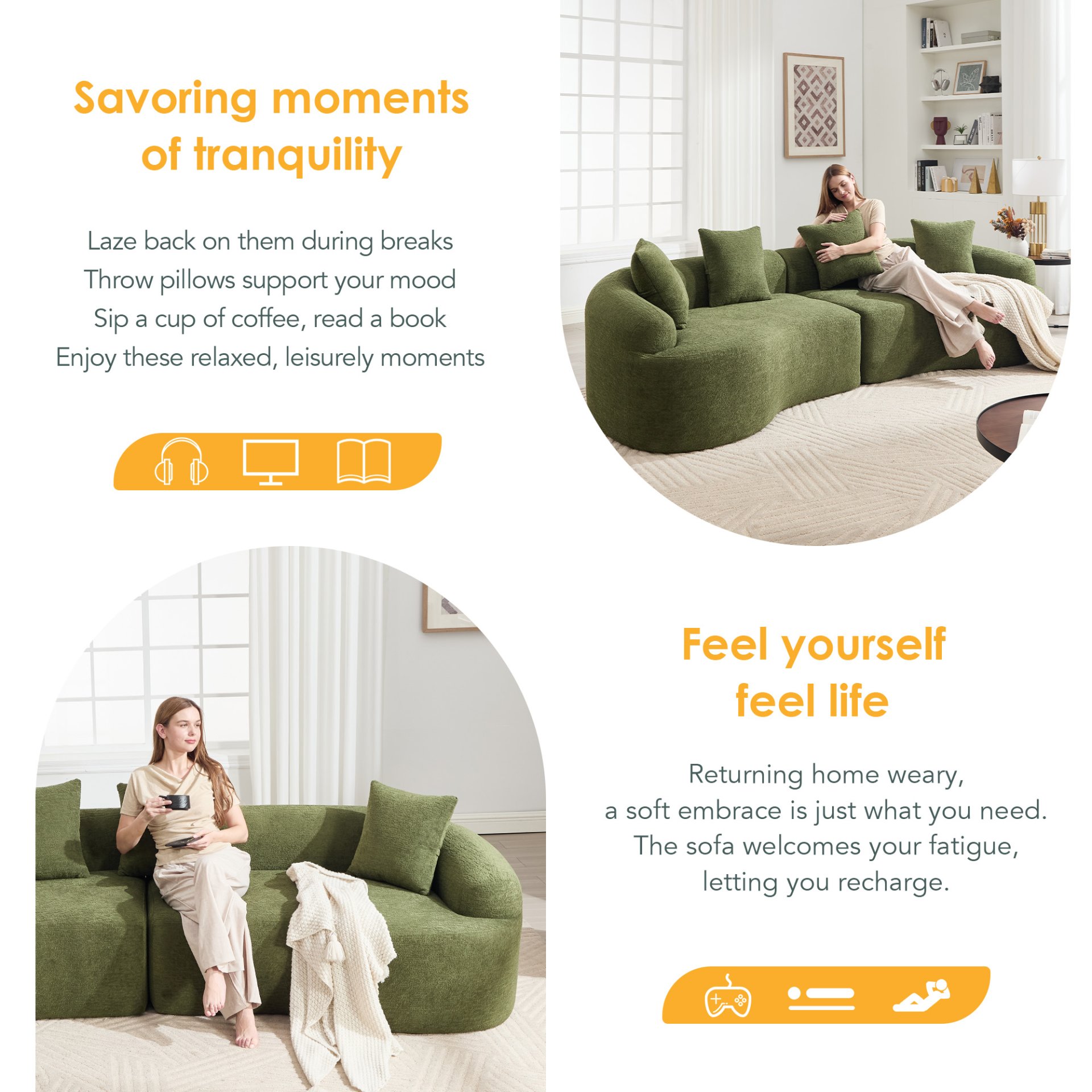 4 Seater Sofa With Chenille Fabric, 30D, 60 Hardness Full Sponge, 4 Pillow For Living Room, Home Furniture Sleeper Sectional Sofa For Apartment - Green - Image 15