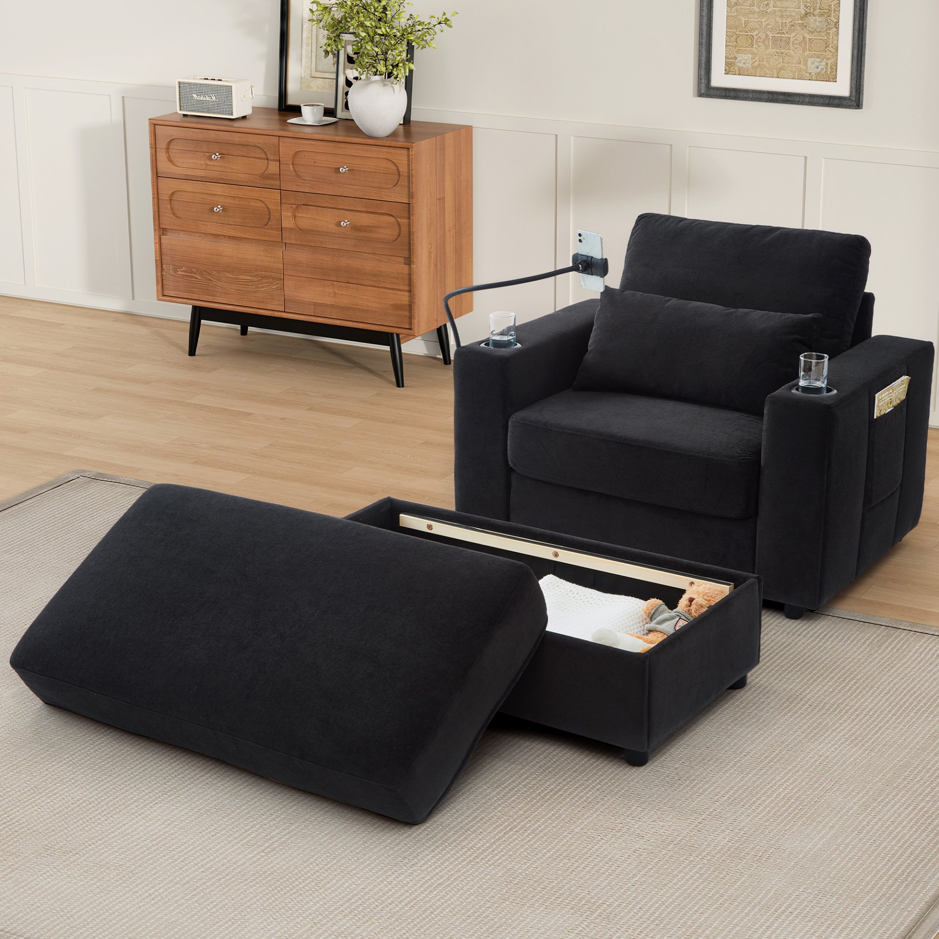 Modern Style Armchair Chaise Lounge Sofa Couch With Movable Storage Ottoman, USB Ports, Cup Holders & Side Pockets Chenille - Black - Image 13