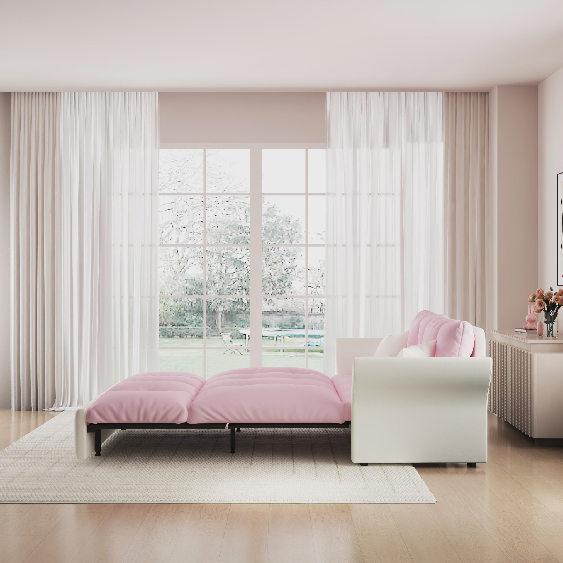 Queen Pull Out Sofa Bed, 3 In 1 Convertible Sleeper Tufted Sofa & 2 Soft Pillows - Pink - Image 7