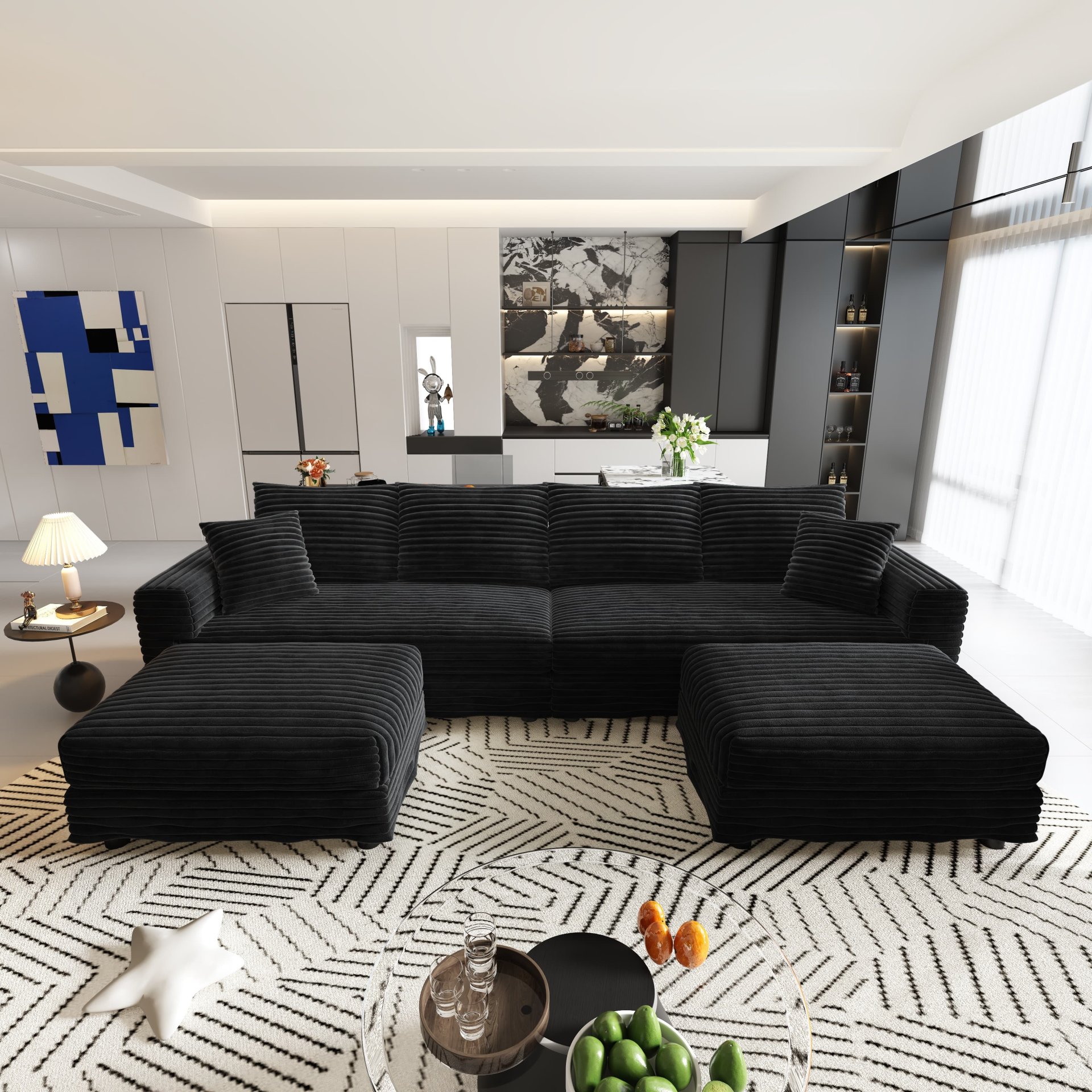 4 Seat Sofa, Deep Seat Couches With Soft Pillows And 2 Ottomans, Convertible Sofa Lounge Chair, For Living Room - Black - Image 15
