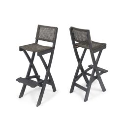 Outdoor Folding Acacia Wood Barstools With Rattan Backrest And Seat, (Set of 2) - Dark Gray