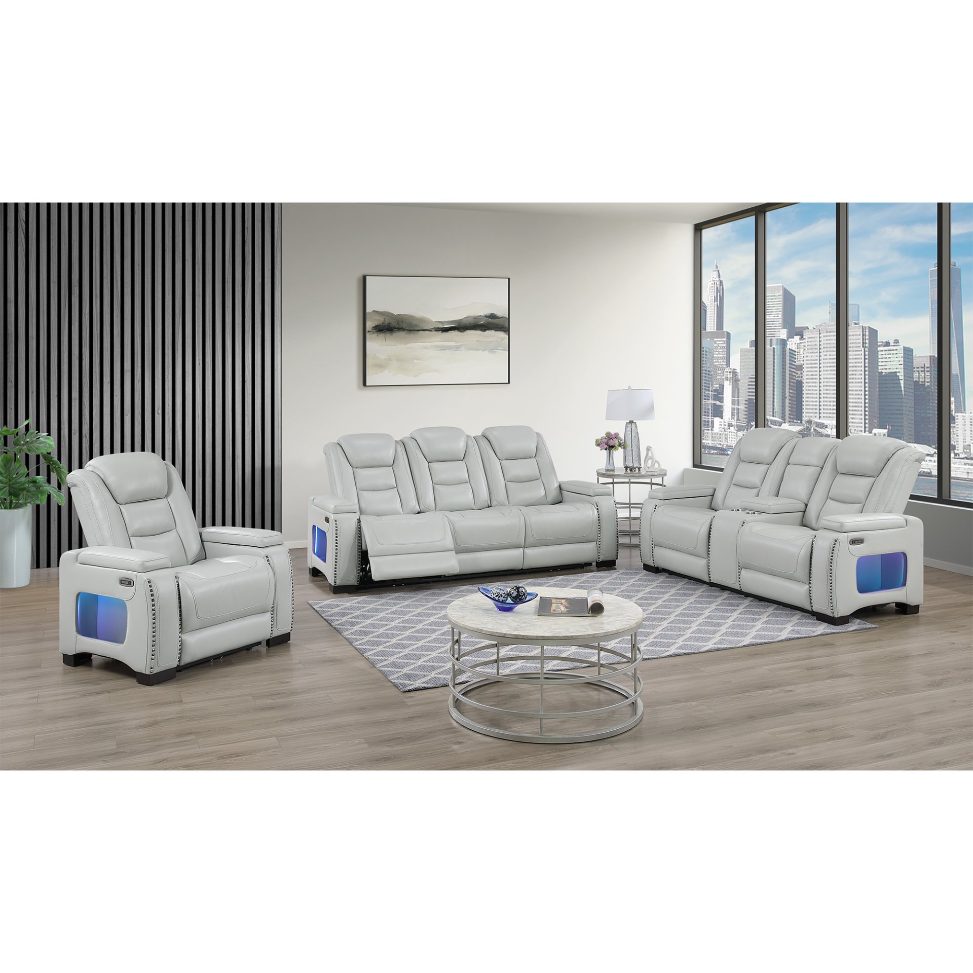 3 Piece Power Sofa Set With Recliner, USB LED Headrest, Bookshelf Arms, Drop Down Table And Storage Frame - Grey - Image 9