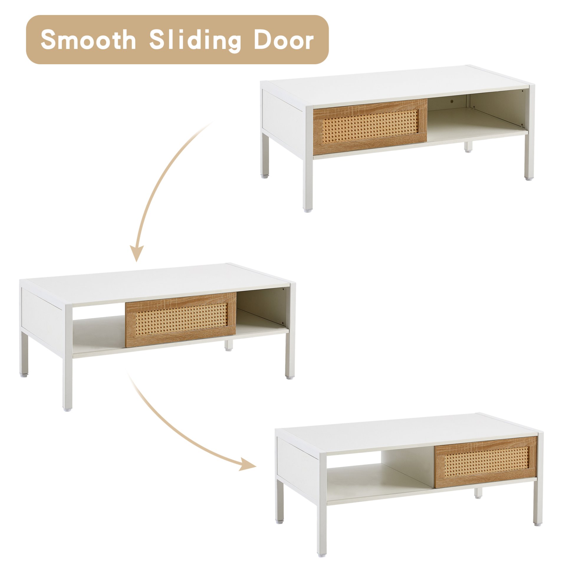 40.16" Rattan Coffee Table, Sliding Door For Storage, Metal Legs, Modern Table For Living Room - White - Image 9