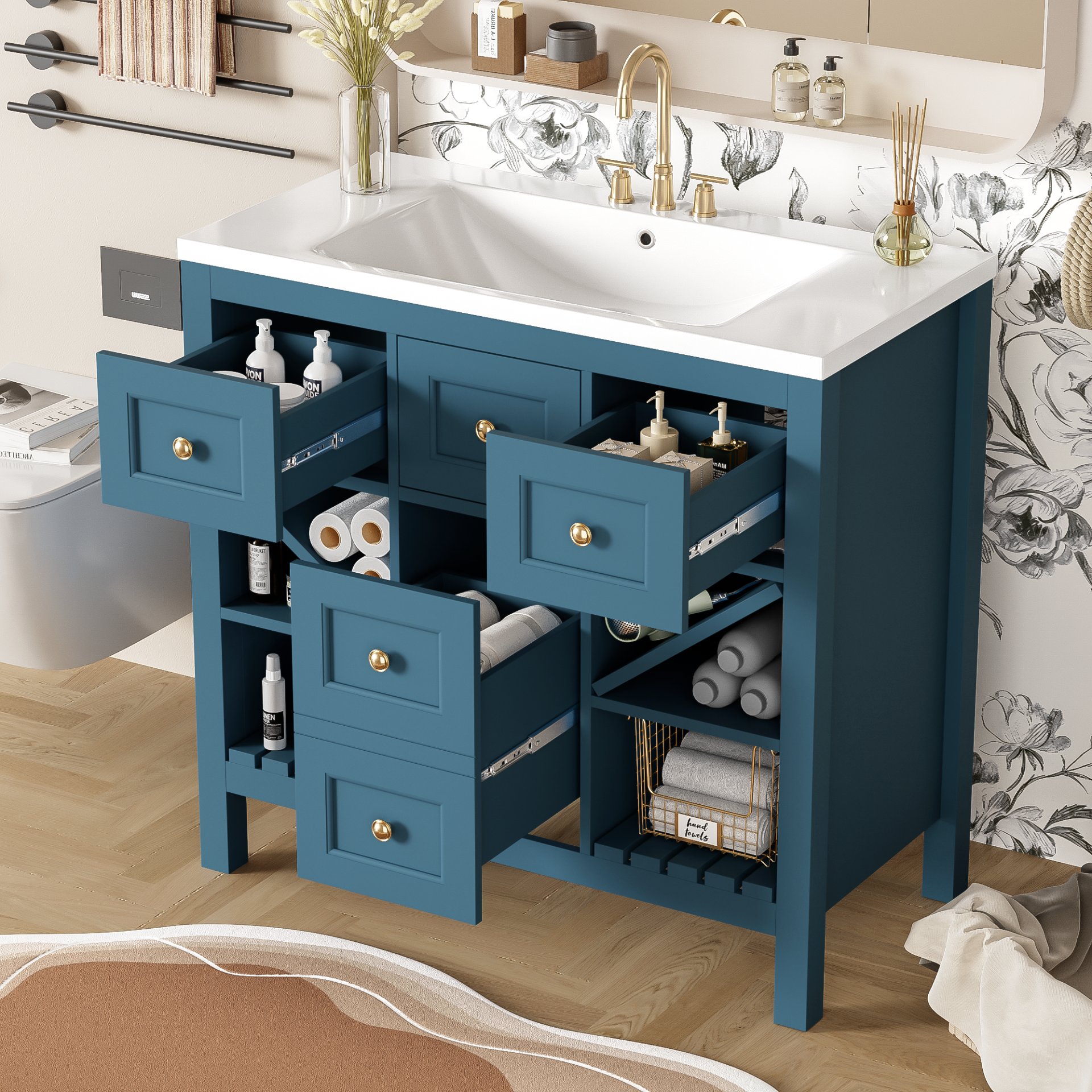 Bathroom Vanity With Resin Sink Combo, Frame Bathroom Storage Cabinet, Freestanding Vanity Set, 5 Drawers & Soft Closing Doors - Blue - Image 2